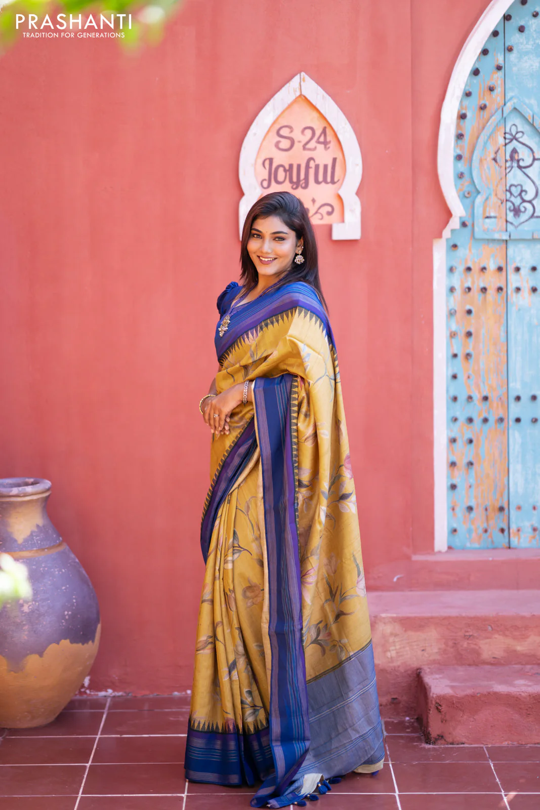 Pure tussar silk saree mustard shade and blue with allover floral digital prints and temple deisgn zari woven vidarbha border - Image 4