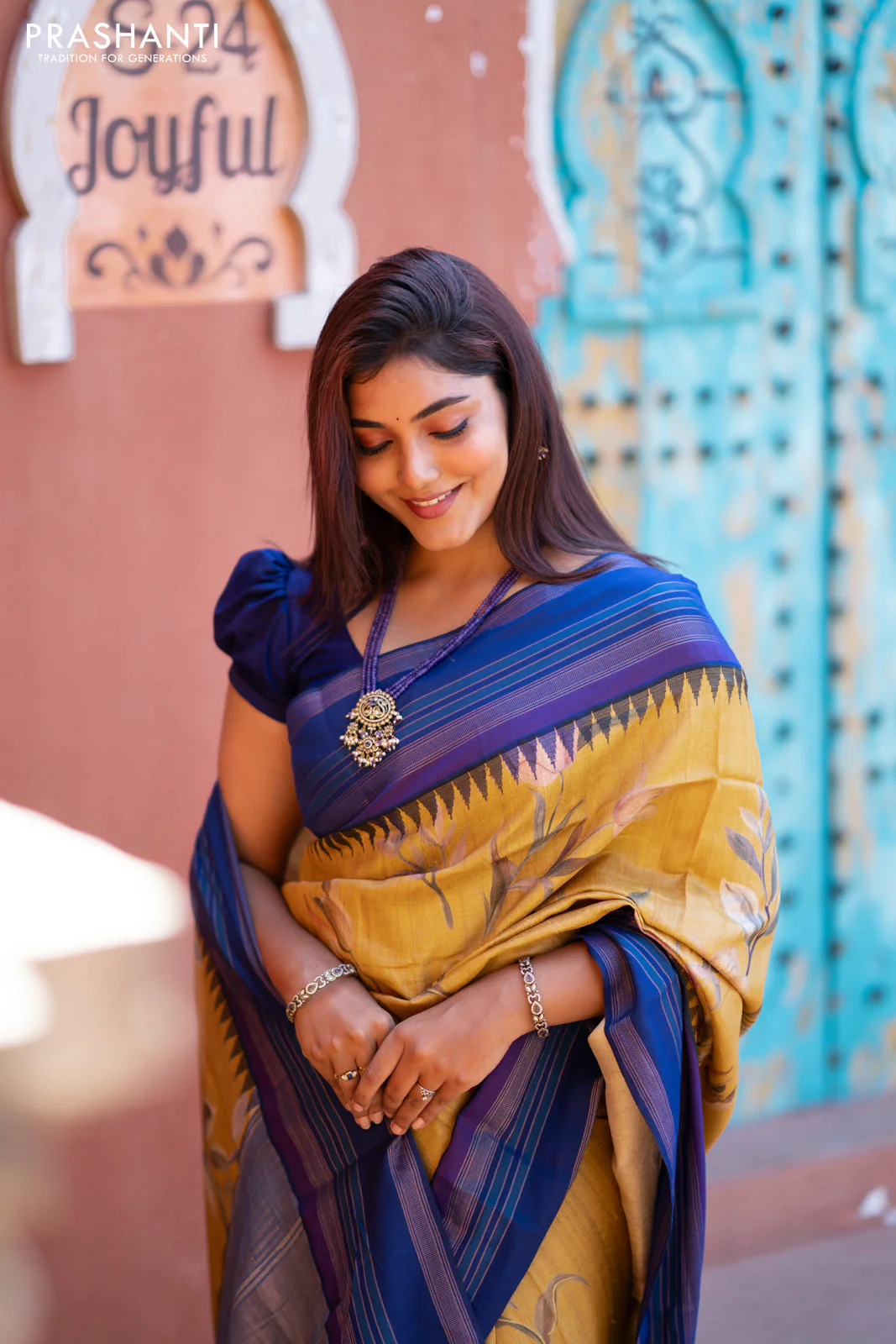Pure tussar silk saree mustard shade and blue with allover floral digital prints and temple deisgn zari woven vidarbha border - Image 5