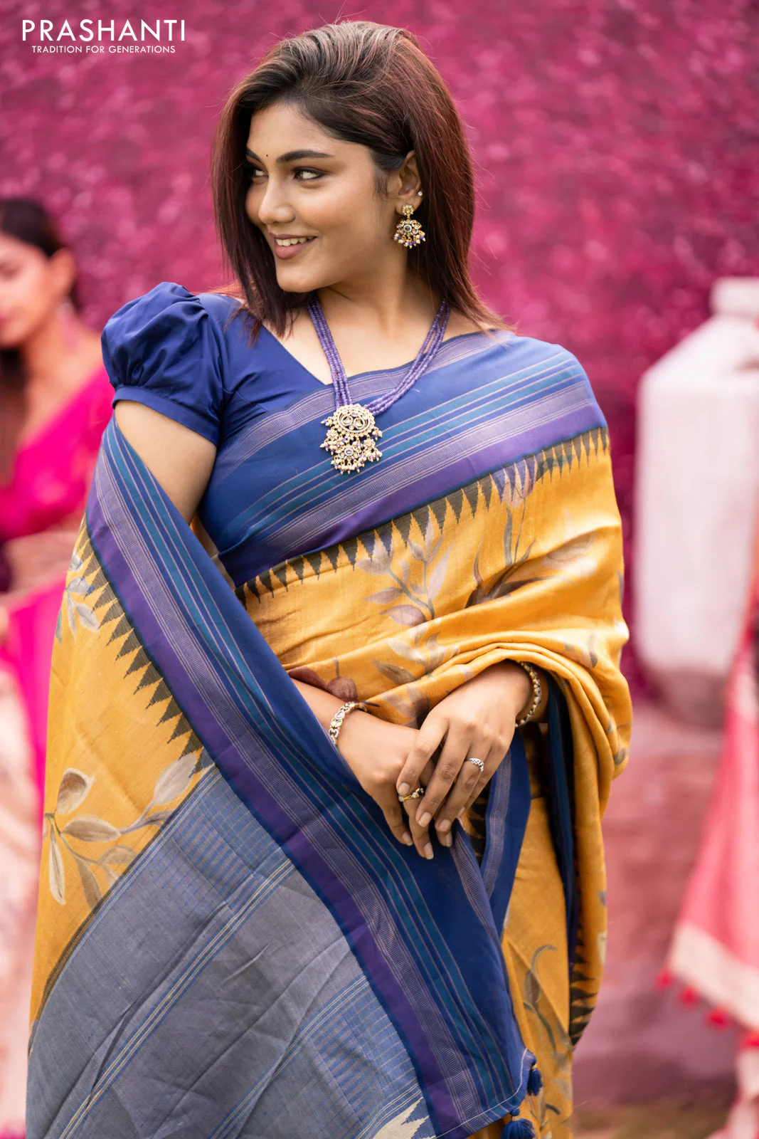 Pure tussar silk saree mustard shade and blue with allover floral digital prints and temple deisgn zari woven vidarbha border - Image 7
