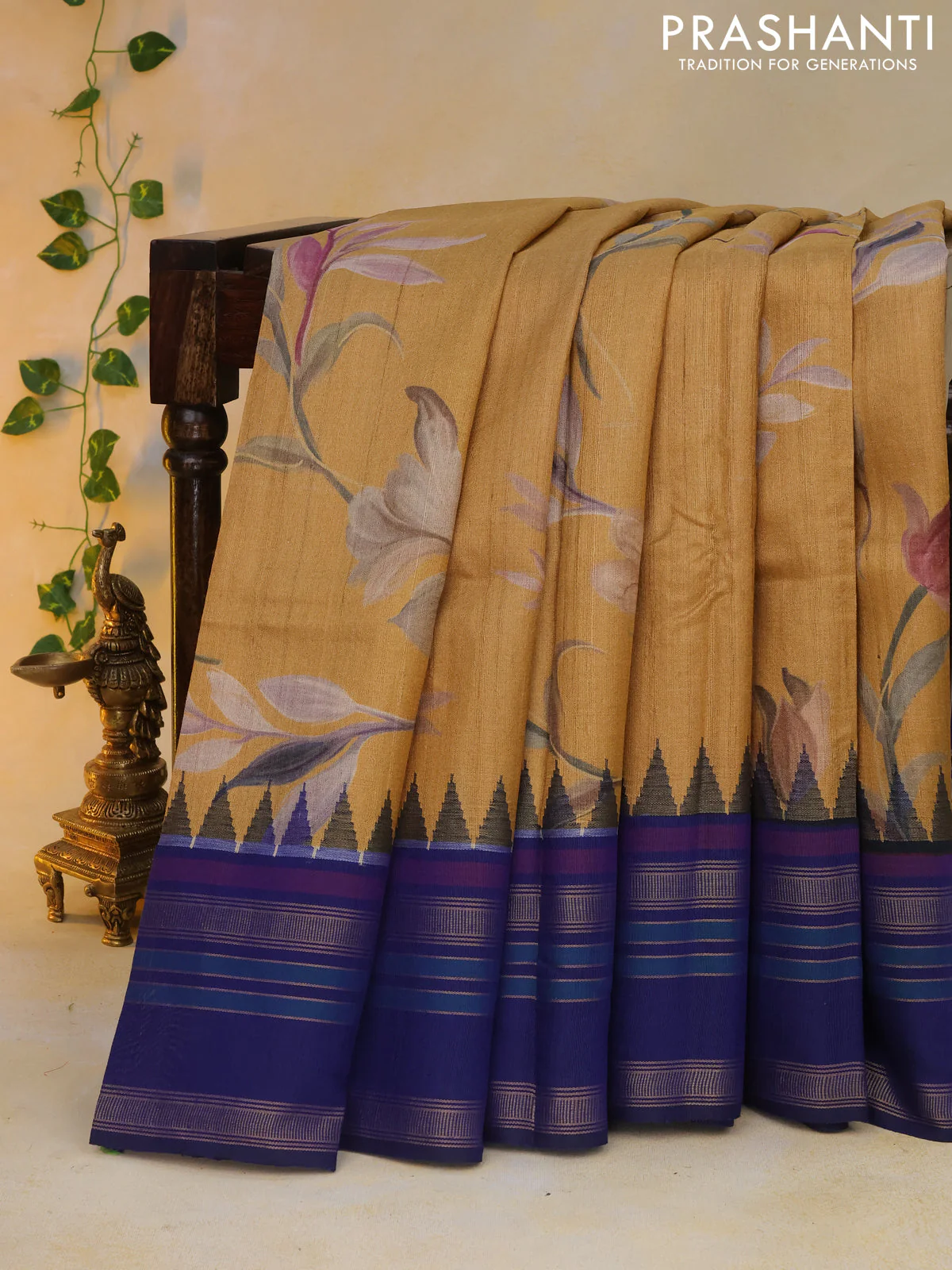 Pure tussar silk saree mustard shade and blue with allover floral digital prints and temple deisgn zari woven vidarbha border - Image 8