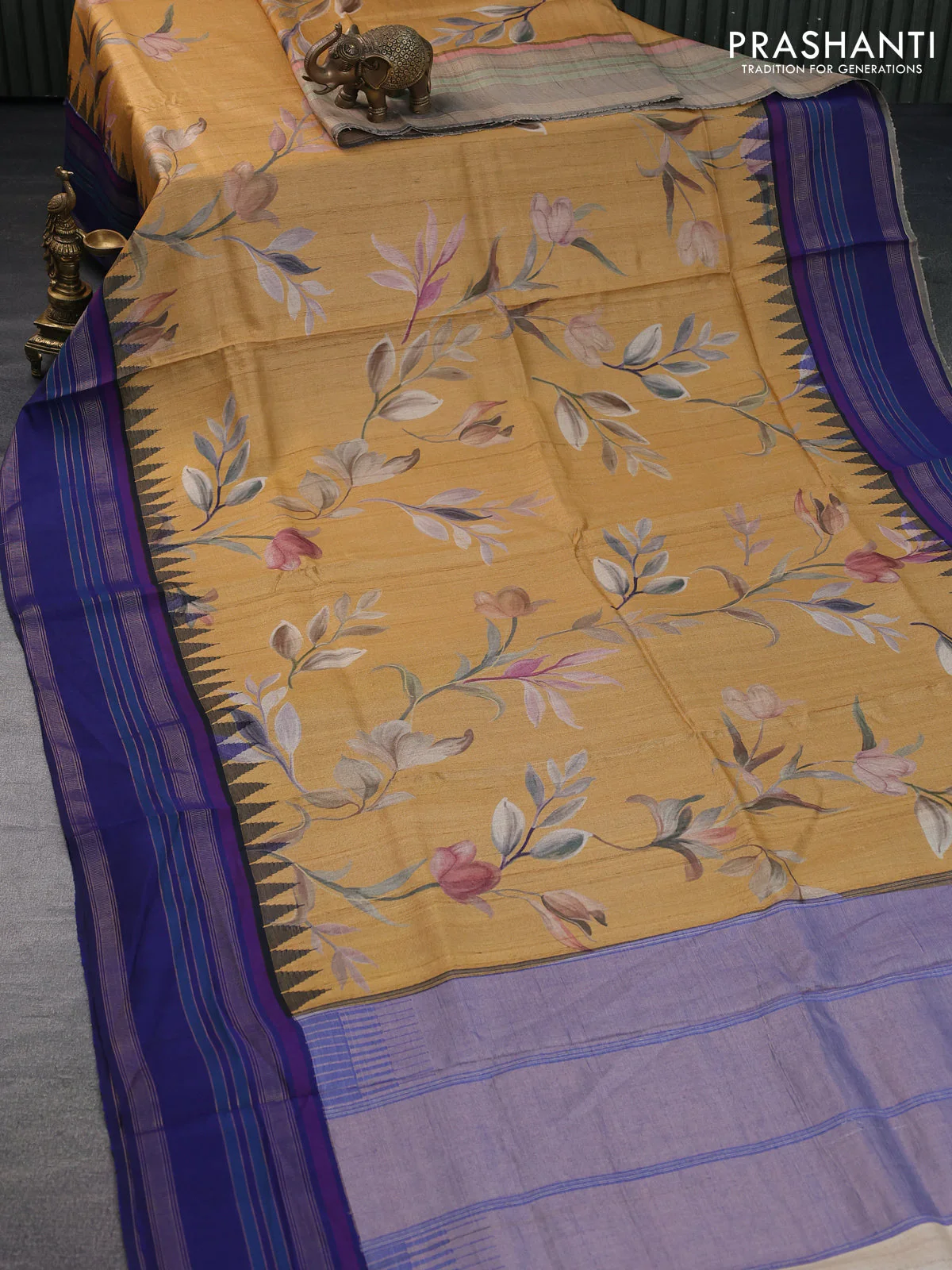 Pure tussar silk saree mustard shade and blue with allover floral digital prints and temple deisgn zari woven vidarbha border - Image 9