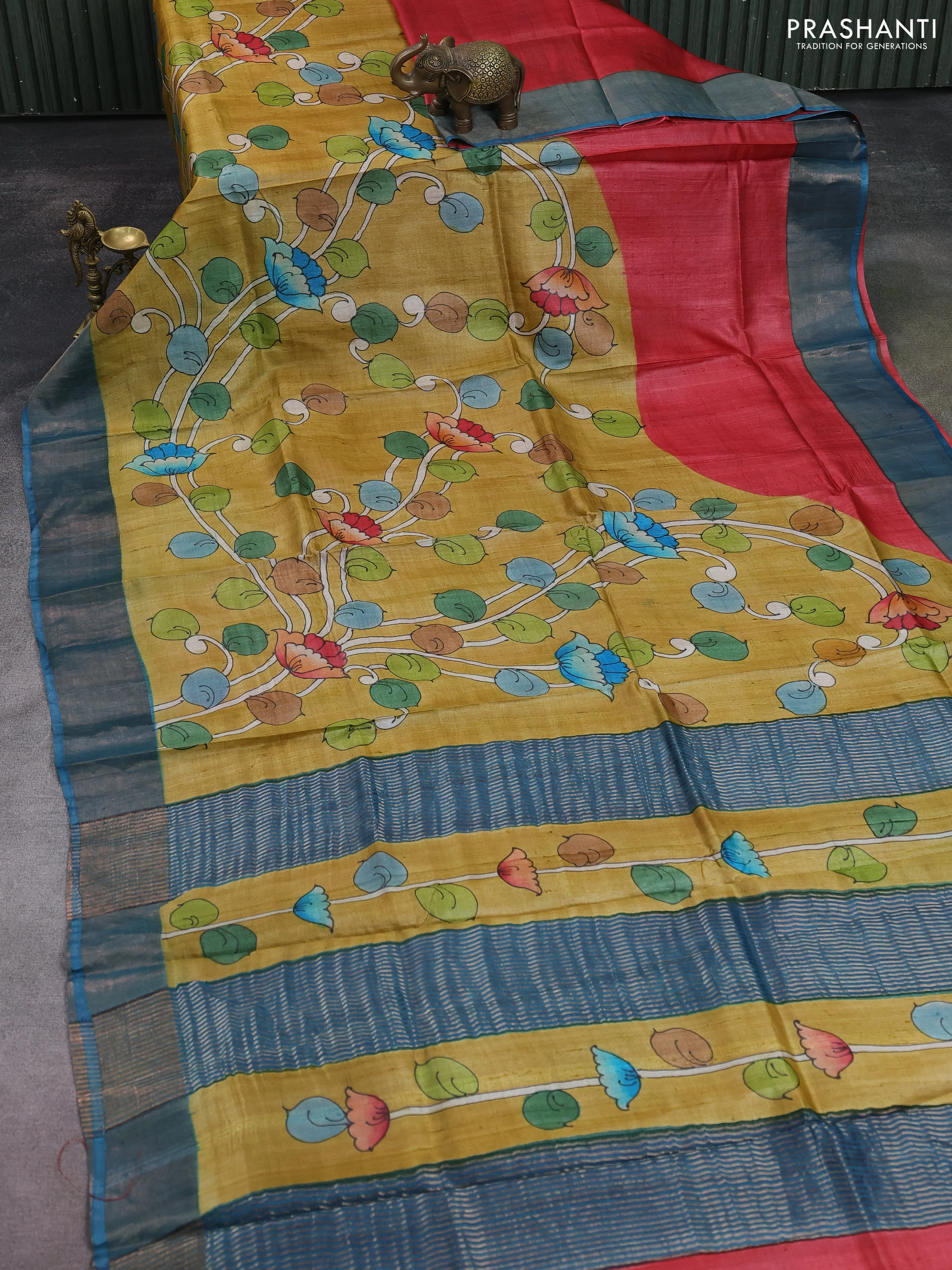 Pure tussar silk saree mustard yellow and blue with allover kalamkari hand painted prints and zari woven border - Image 2