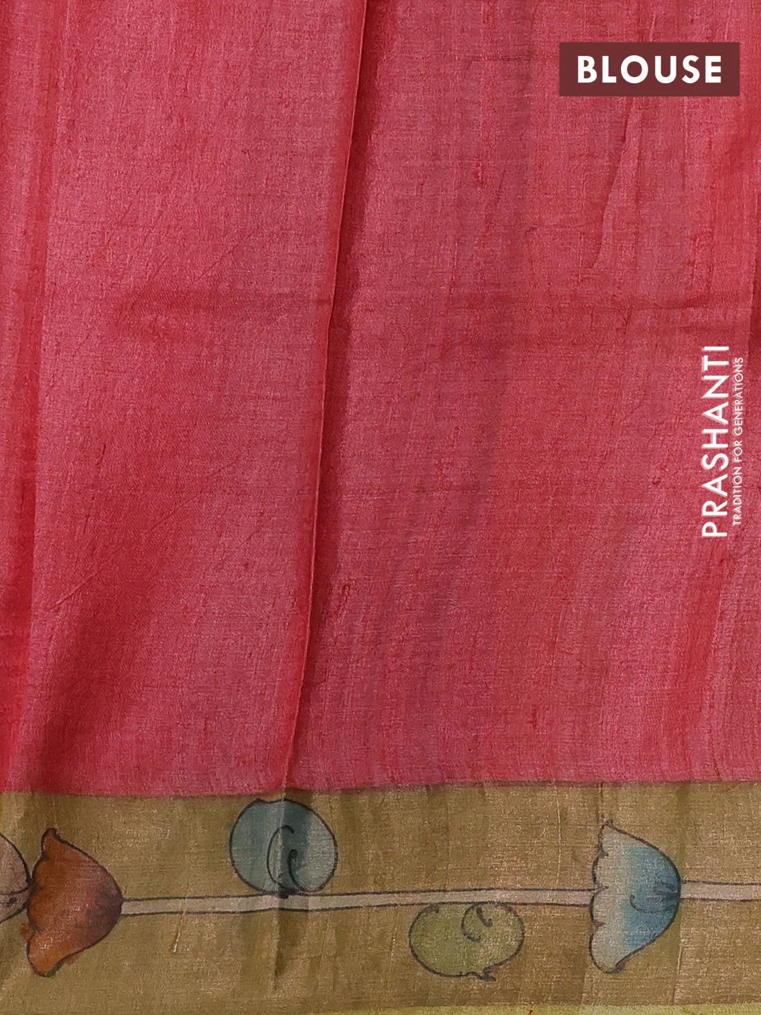 Pure tussar silk saree mustard yellow and blue with allover kalamkari hand painted prints and zari woven border - Image 3