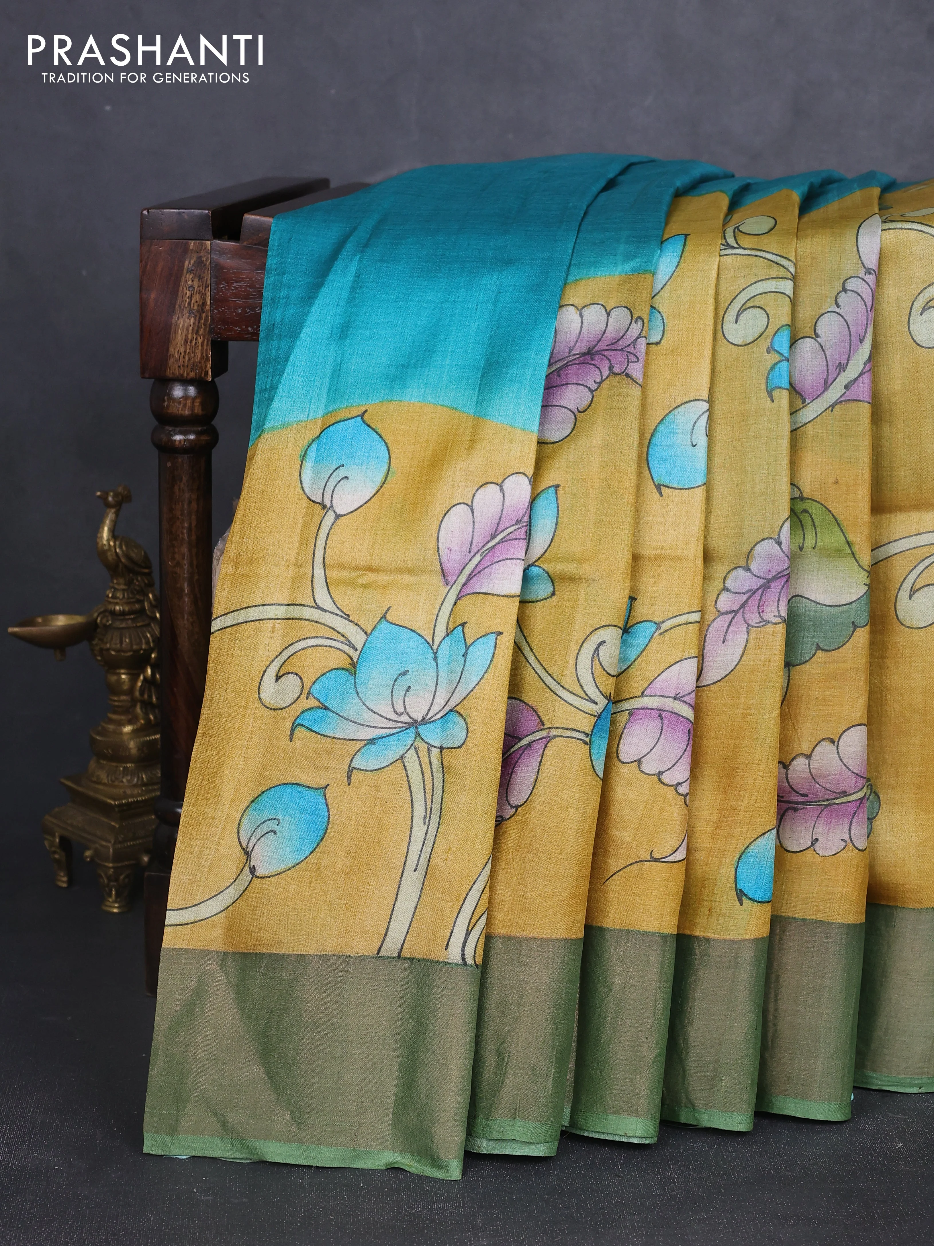 Pure tussar silk saree mustard yellow and pastel green with allover hand painted prints and zari woven border