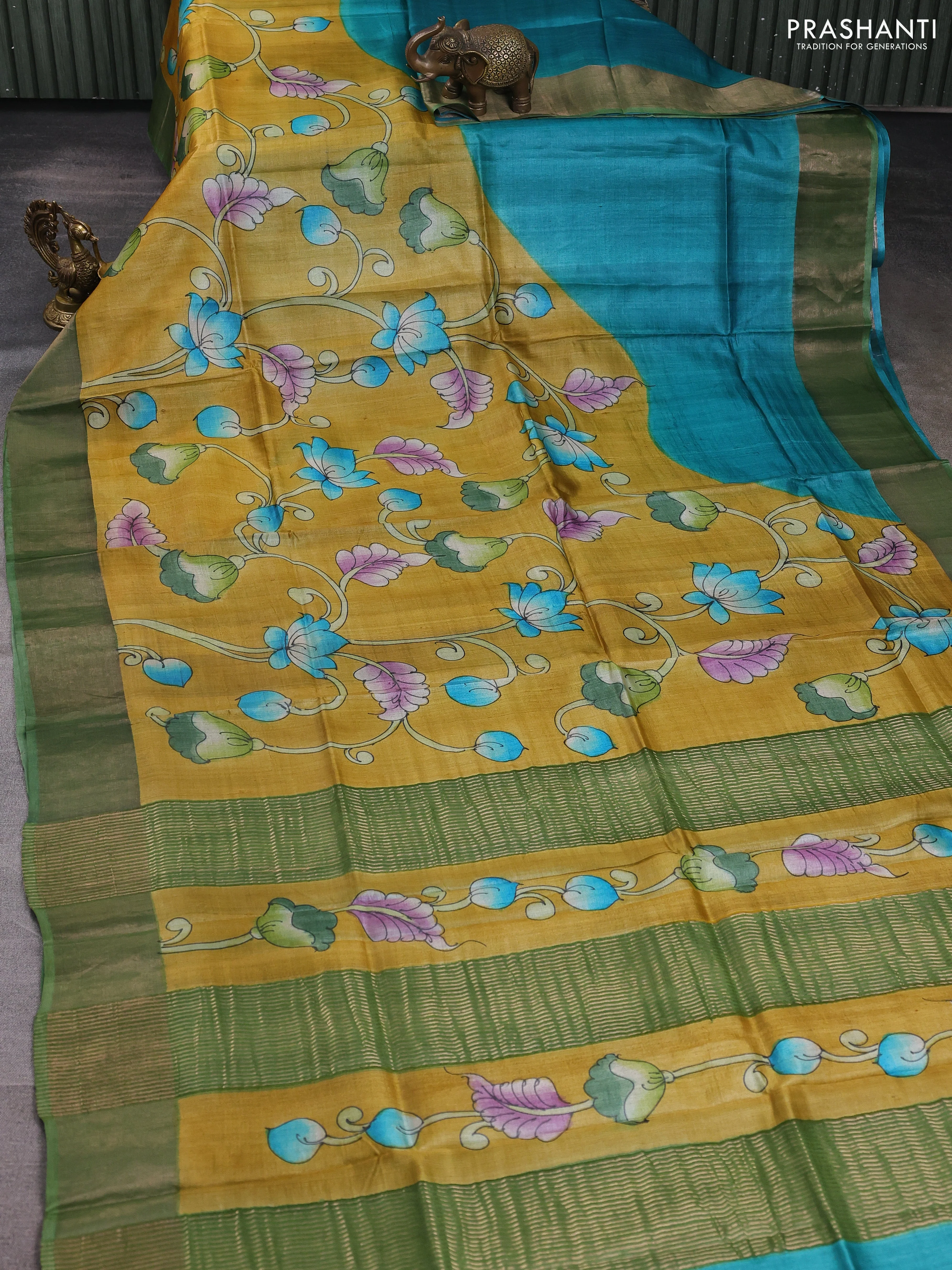 Pure tussar silk saree mustard yellow and pastel green with allover hand painted prints and zari woven border - Image 2