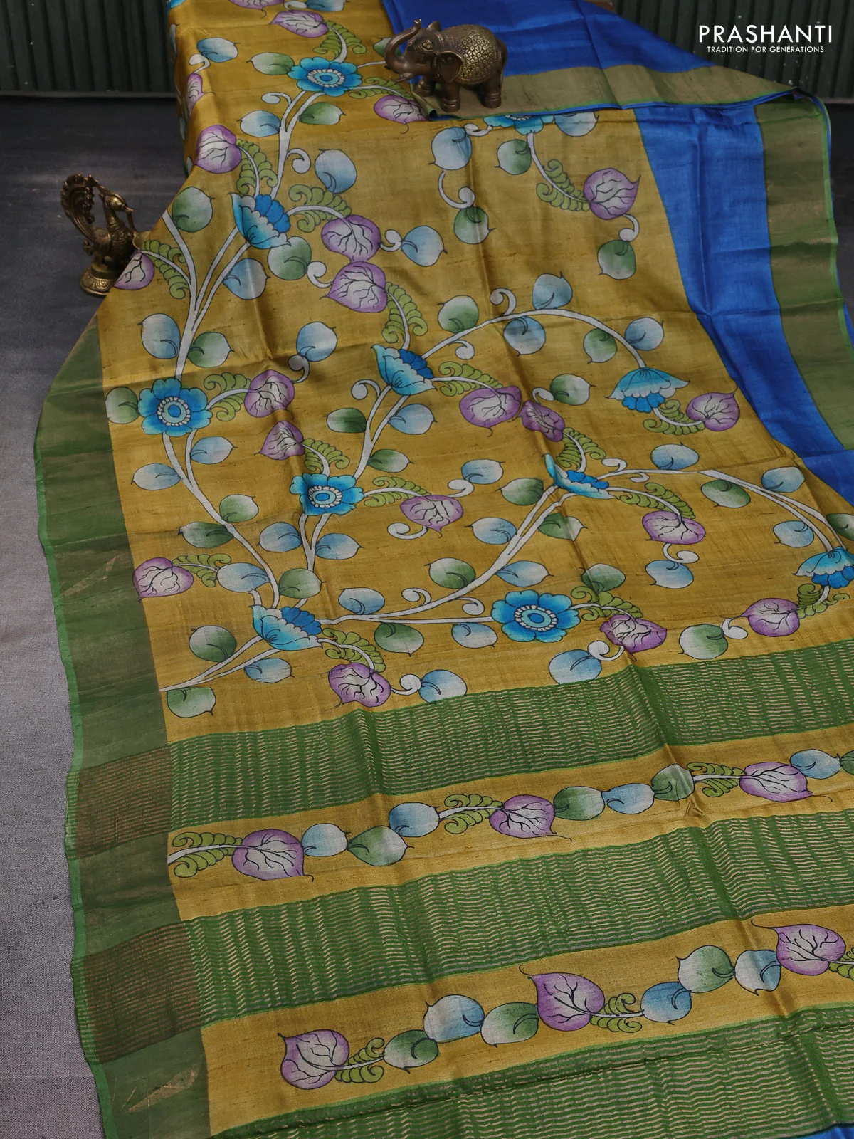 Pure tussar silk saree mustard yellow and pastel green with allover kalamkari hand painted prints and zari woven border - Image 2