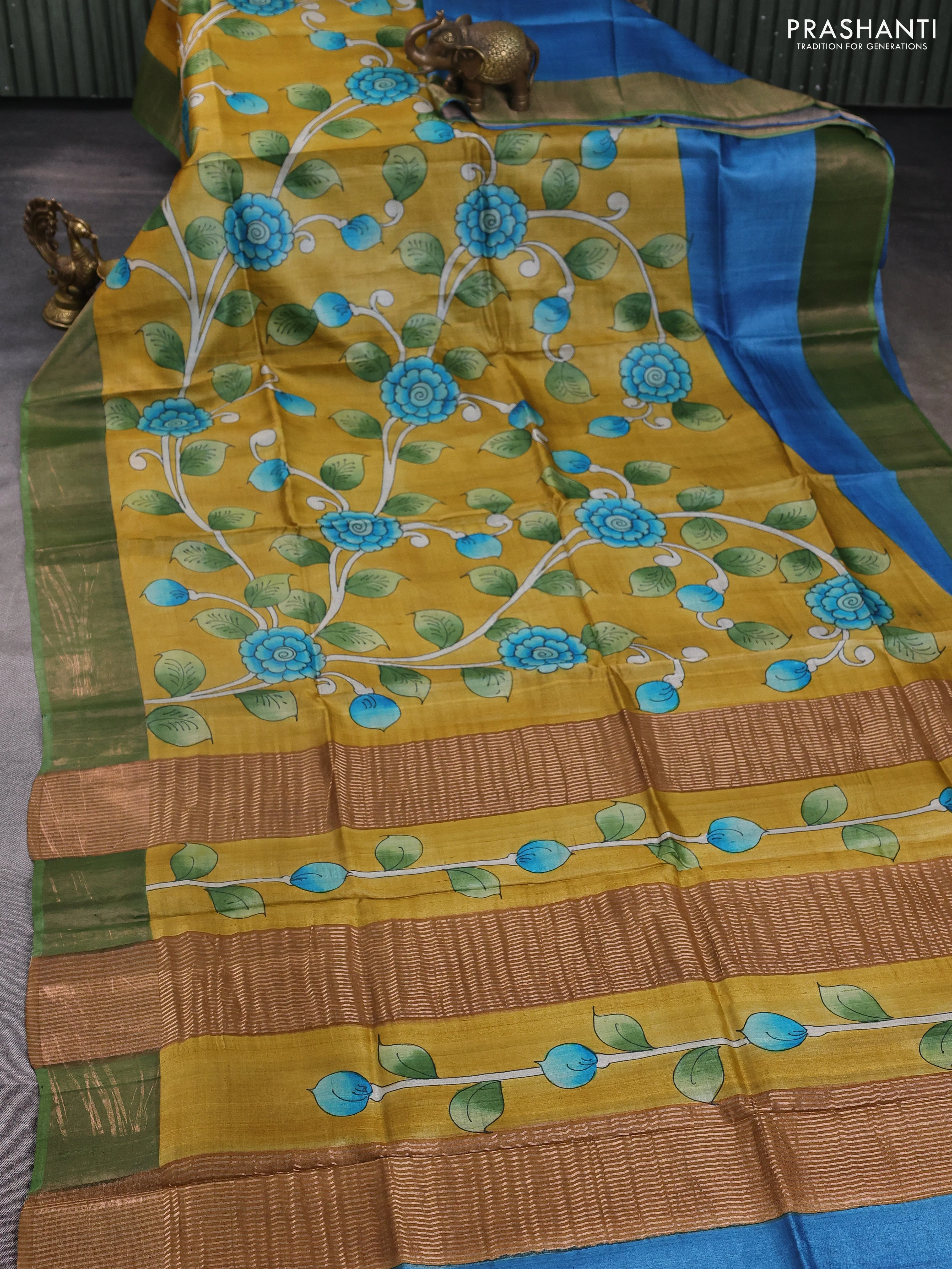 Pure tussar silk saree mustard yellow and pastel green with allover kalamkari hand painted prints and zari woven border - Image 2