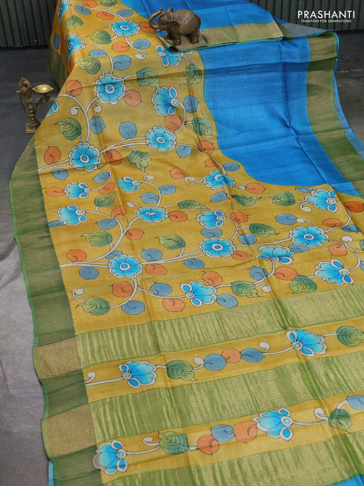 Pure tussar silk saree mustard yellow and pastel green with allover kalamkari hand painted prints and zari woven border - Image 2