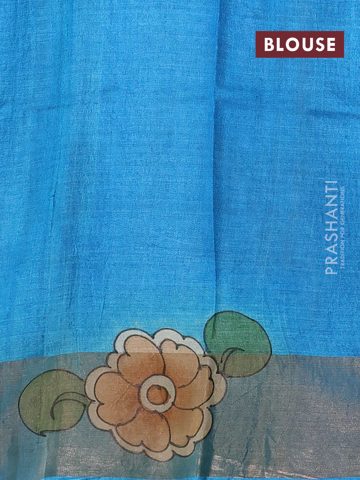 Pure tussar silk saree mustard yellow and pastel green with allover kalamkari hand painted prints and zari woven border - Image 3