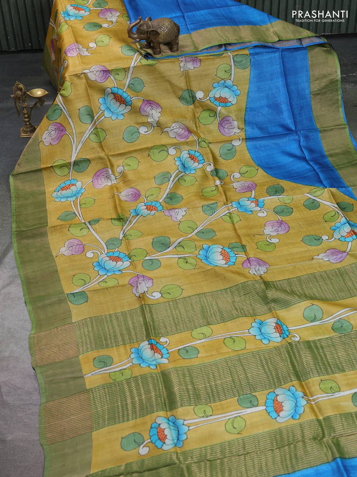 Pure tussar silk saree mustard yellow and pastel green with allover kalamkari hand painted prints and zari woven border - Image 2