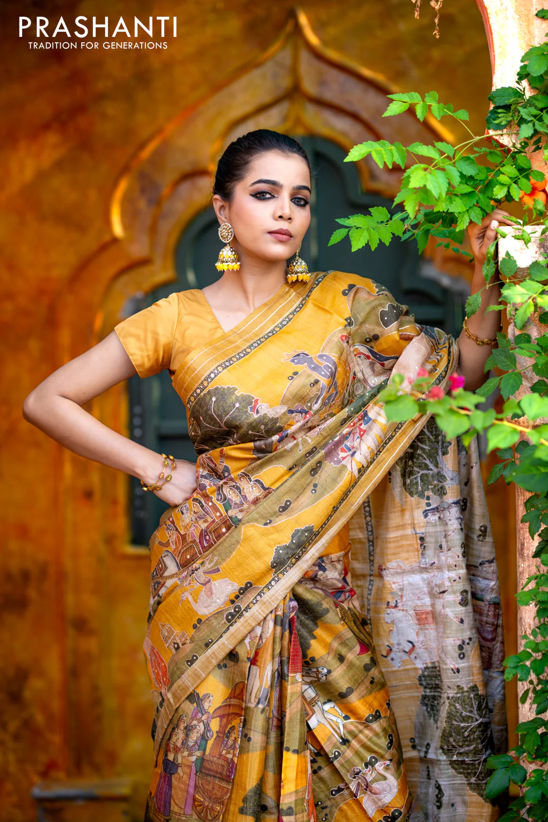 Pure tussar silk saree mustard yellow with allover digital pichwai prints & pita work and zari line border - Image 2