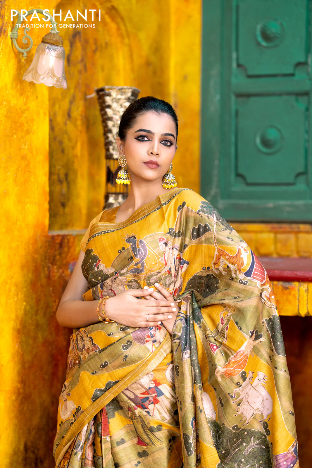 Pure tussar silk saree mustard yellow with allover digital pichwai prints & pita work and zari line border - Image 3