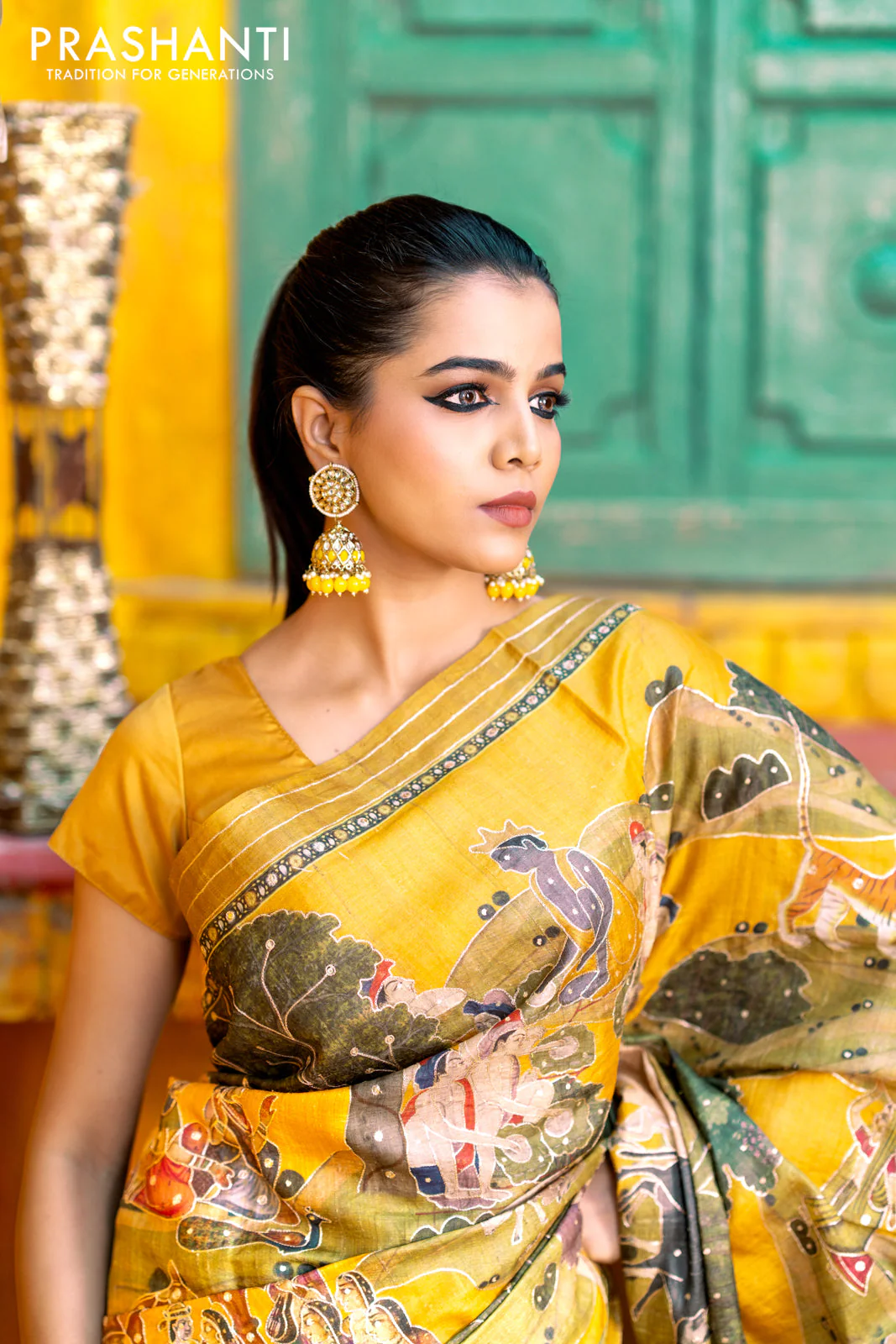 Pure tussar silk saree mustard yellow with allover digital pichwai prints & pita work and zari line border - Image 4