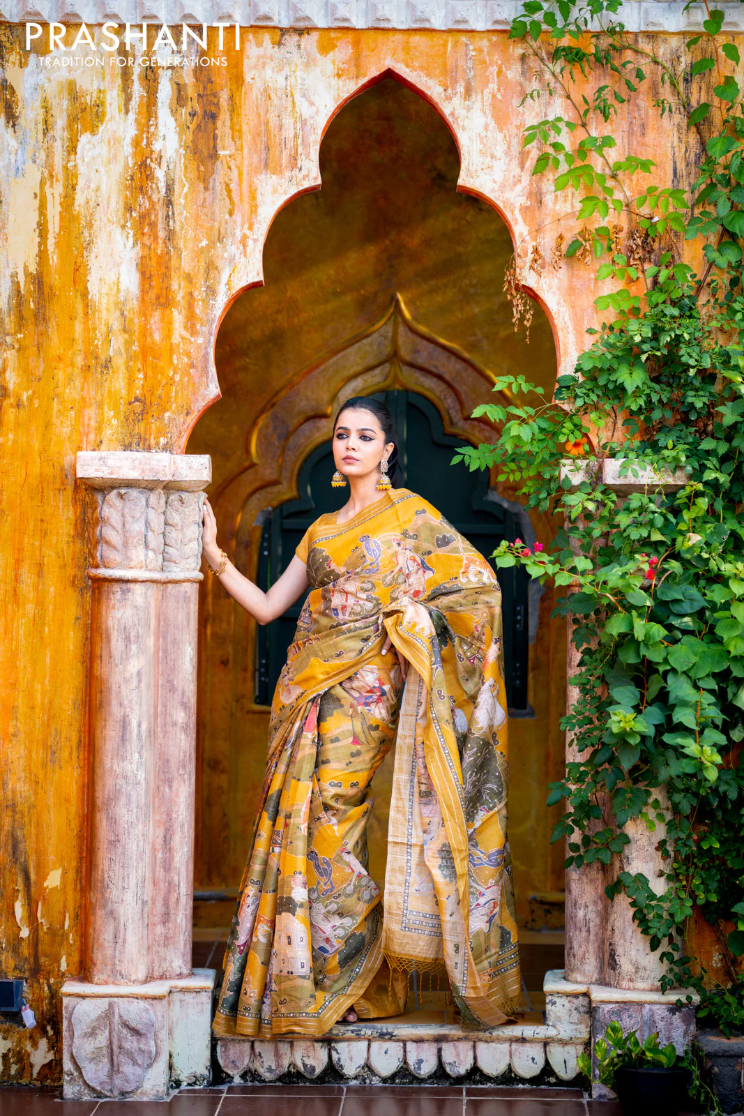 Pure tussar silk saree mustard yellow with allover digital pichwai prints & pita work and zari line border - Image 5