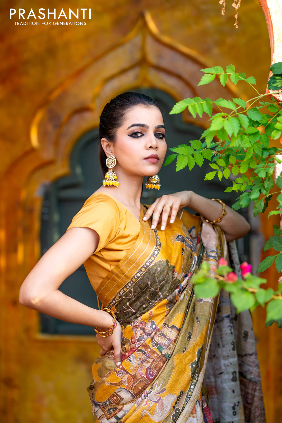Pure tussar silk saree mustard yellow with allover digital pichwai prints & pita work and zari line border - Image 6
