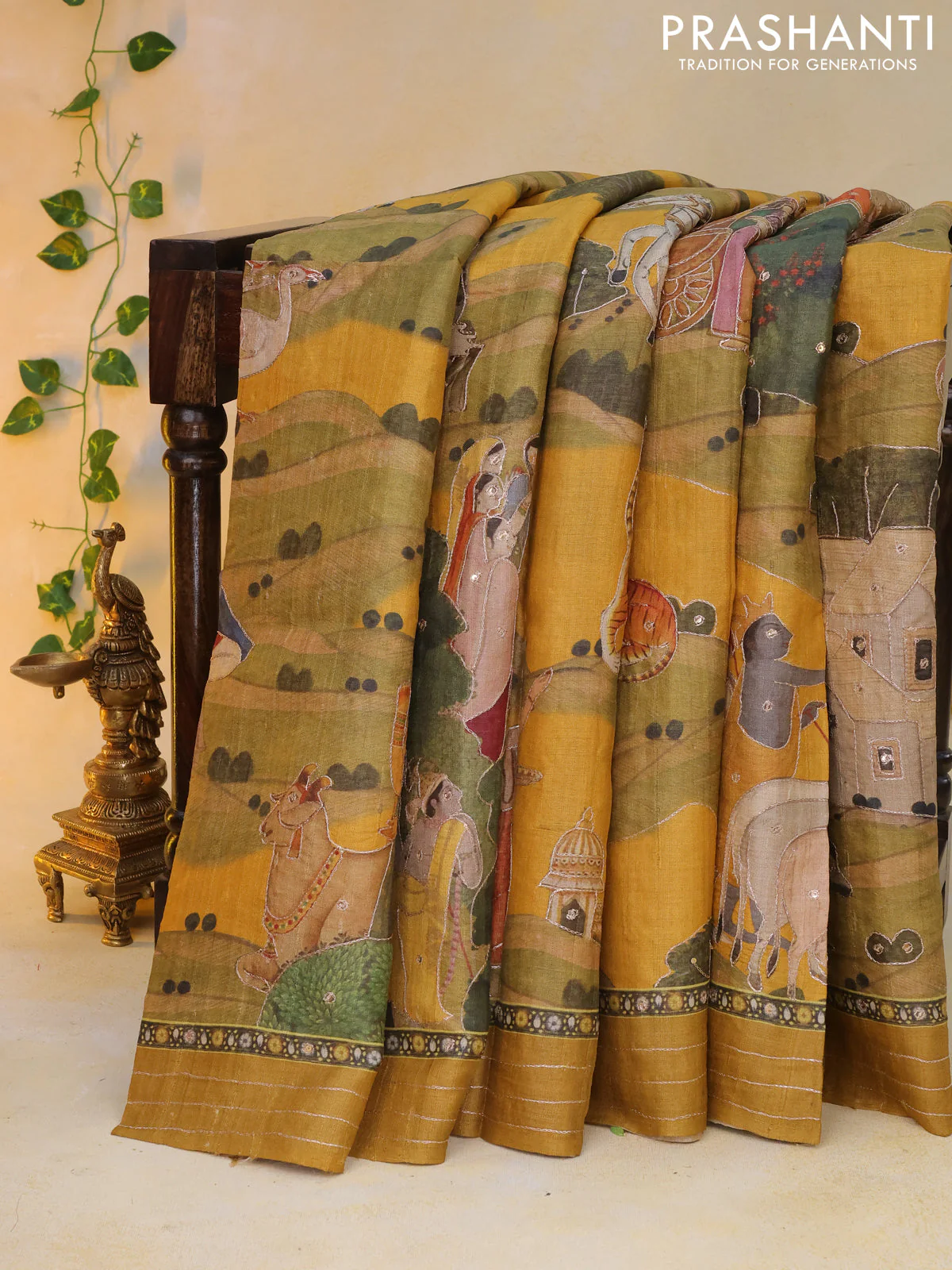 Pure tussar silk saree mustard yellow with allover digital pichwai prints & pita work and zari line border - Image 7