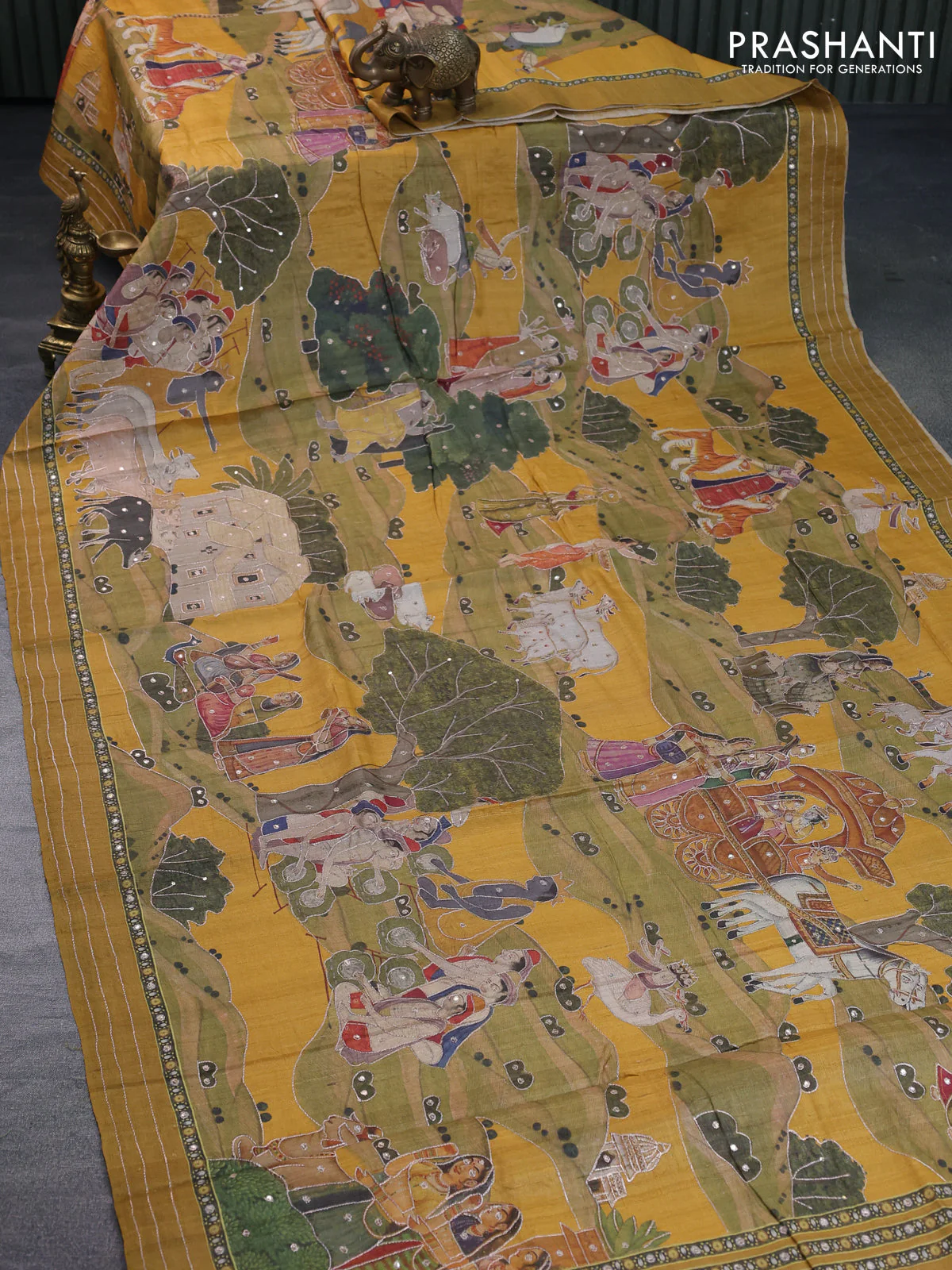 Pure tussar silk saree mustard yellow with allover digital pichwai prints & pita work and zari line border - Image 8