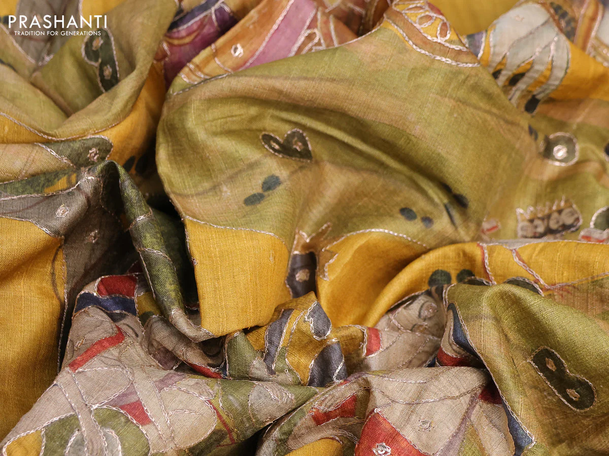 Pure tussar silk saree mustard yellow with allover digital pichwai prints & pita work and zari line border - Image 9
