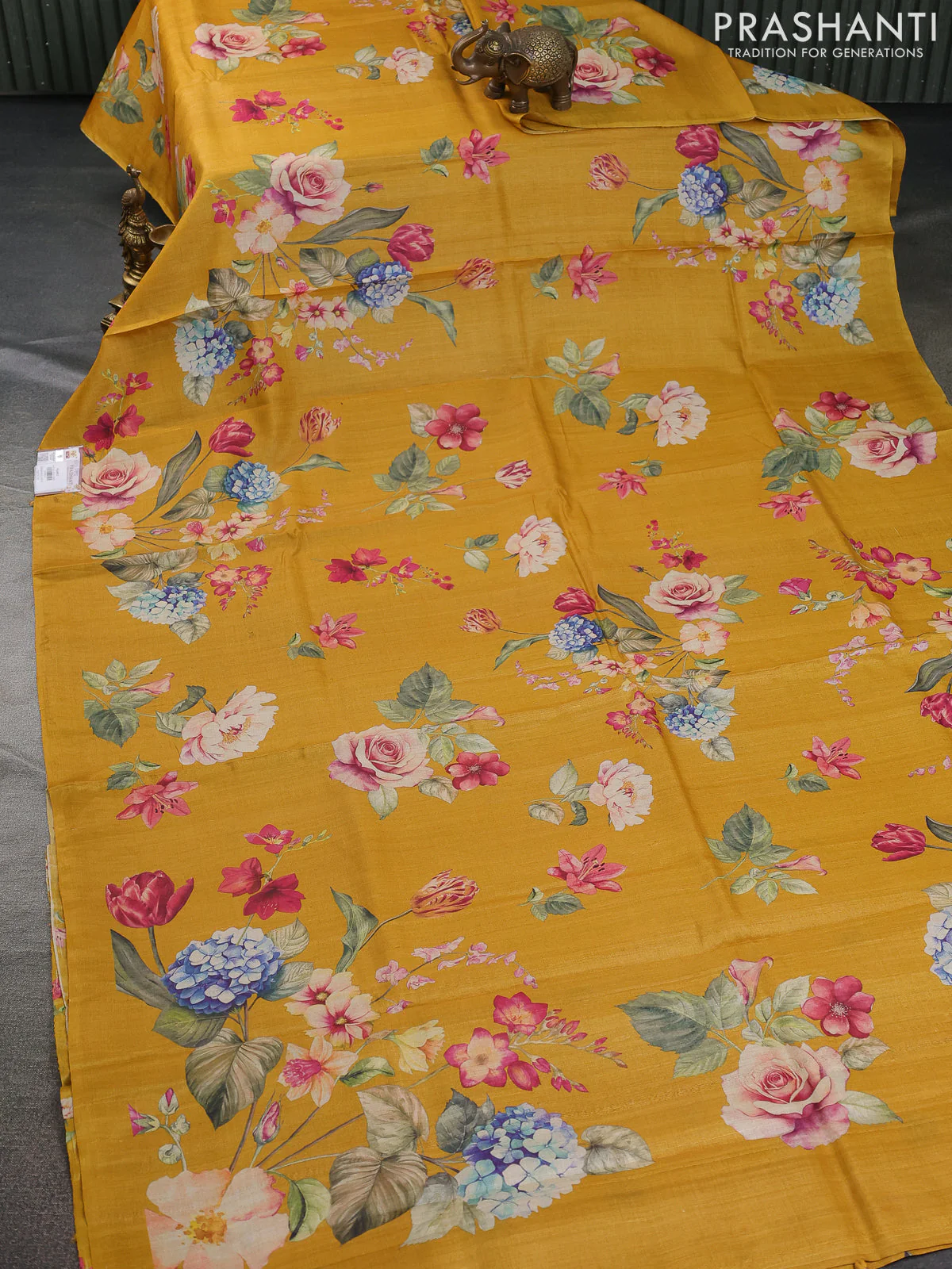 Pure tussar silk saree mustard yellow with allover floral digital prints in borderless style - Image 2