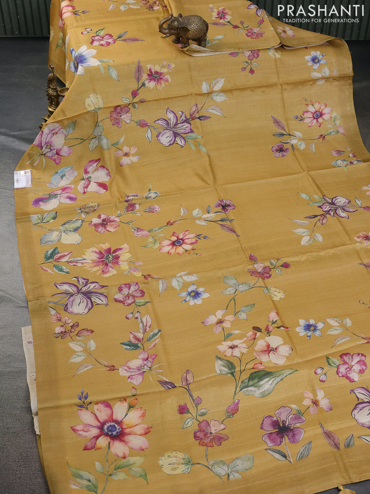 Pure tussar silk saree mustard yellow with allover floral digital prints in borderless style - Image 2