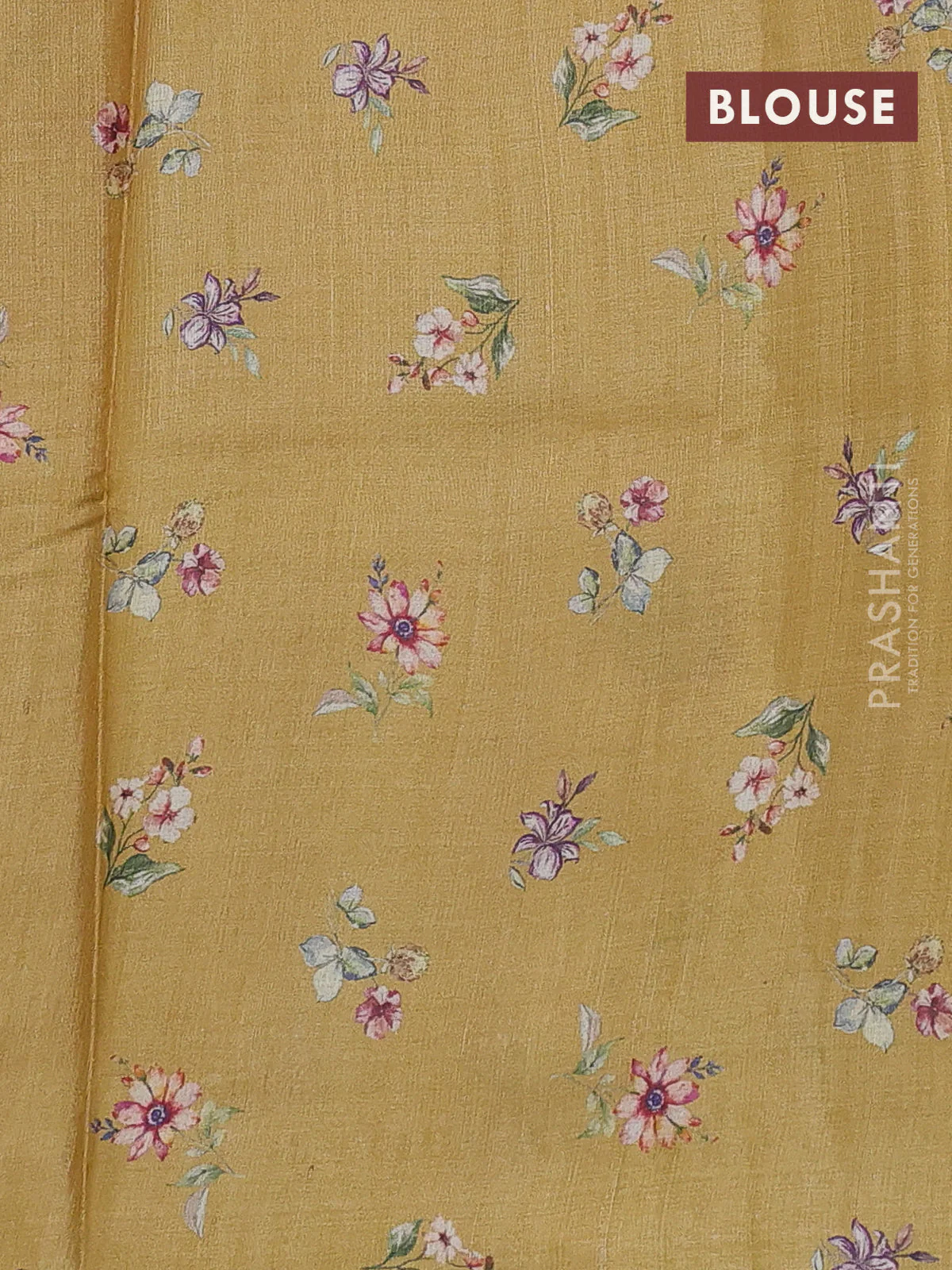 Pure tussar silk saree mustard yellow with allover floral digital prints in borderless style - Image 3