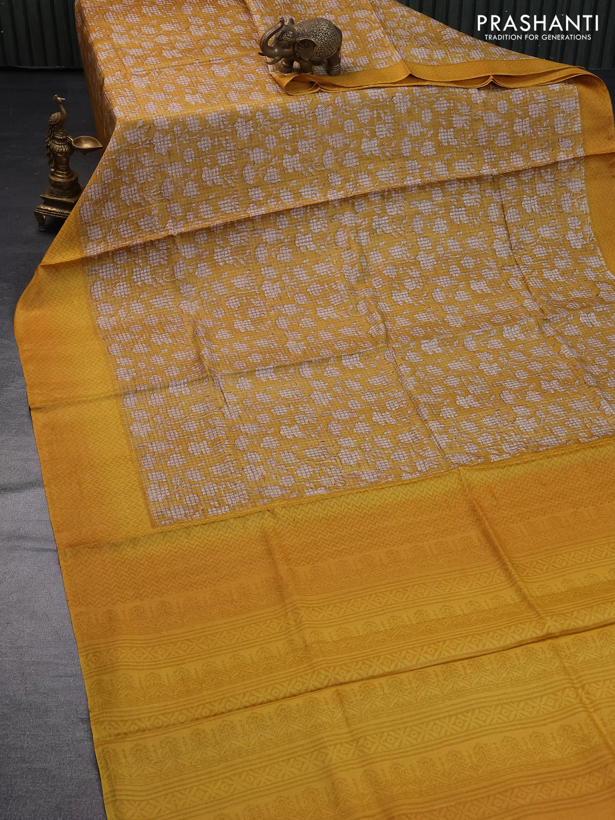 Pure tussar silk saree mustard yellow with allover floral prints and printed border - Image 2