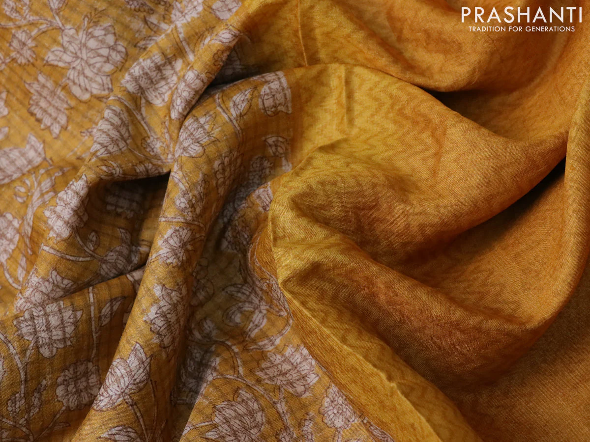 Pure tussar silk saree mustard yellow with allover floral prints and printed border - Image 3