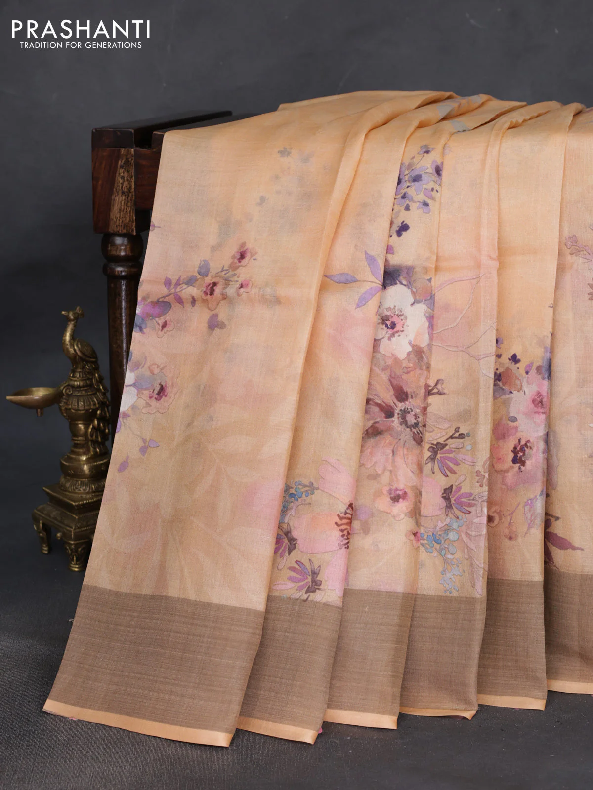 Pure tussar silk saree pale orange with floral digital prints and zari woven border - Image 2