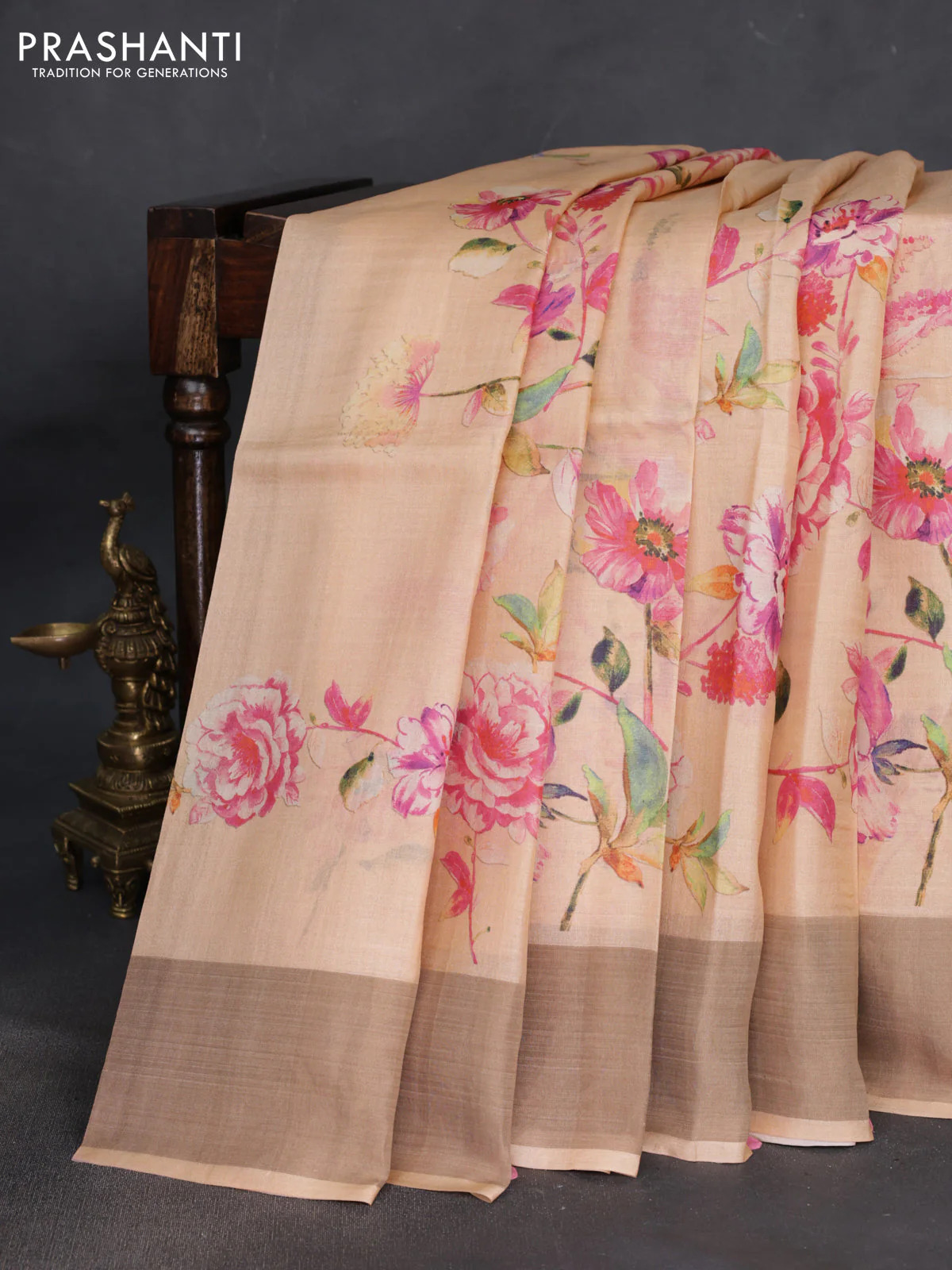 Pure tussar silk saree pale orange with floral digital prints and zari woven border - Image 2