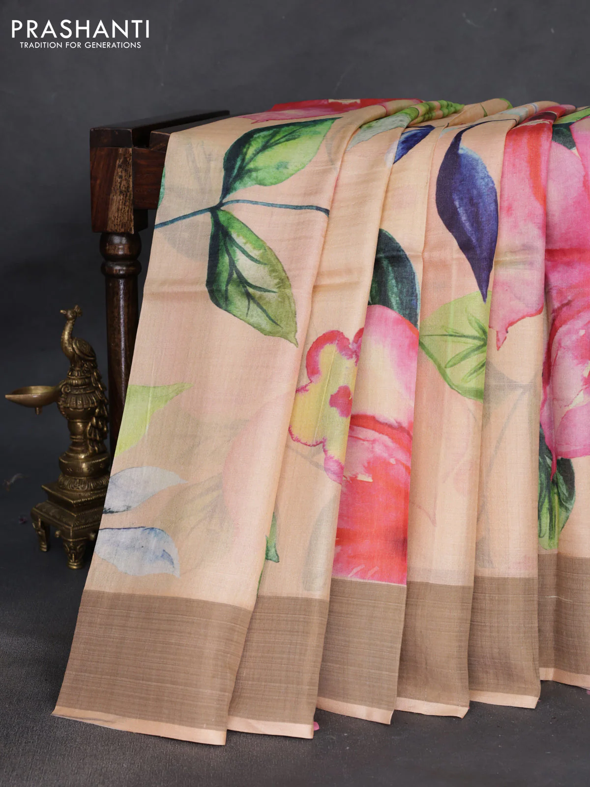 Pure tussar silk saree pale orange with floral digital prints and zari woven border - Image 2