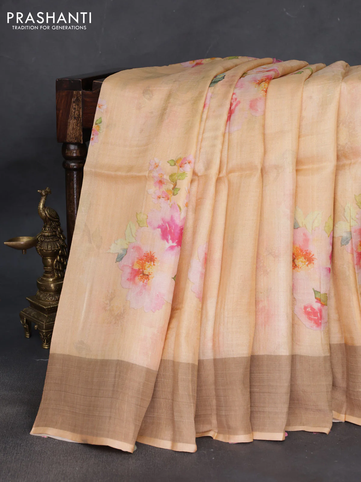 Pure tussar silk saree pale orange with floral digital prints and zari woven border - Image 2