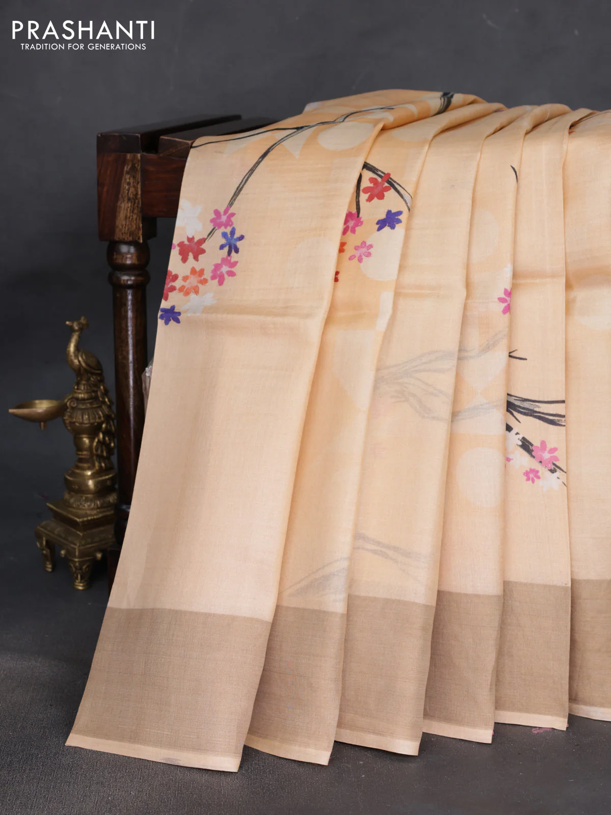 Pure tussar silk saree pale orange with floral digital prints and zari woven border - Image 2