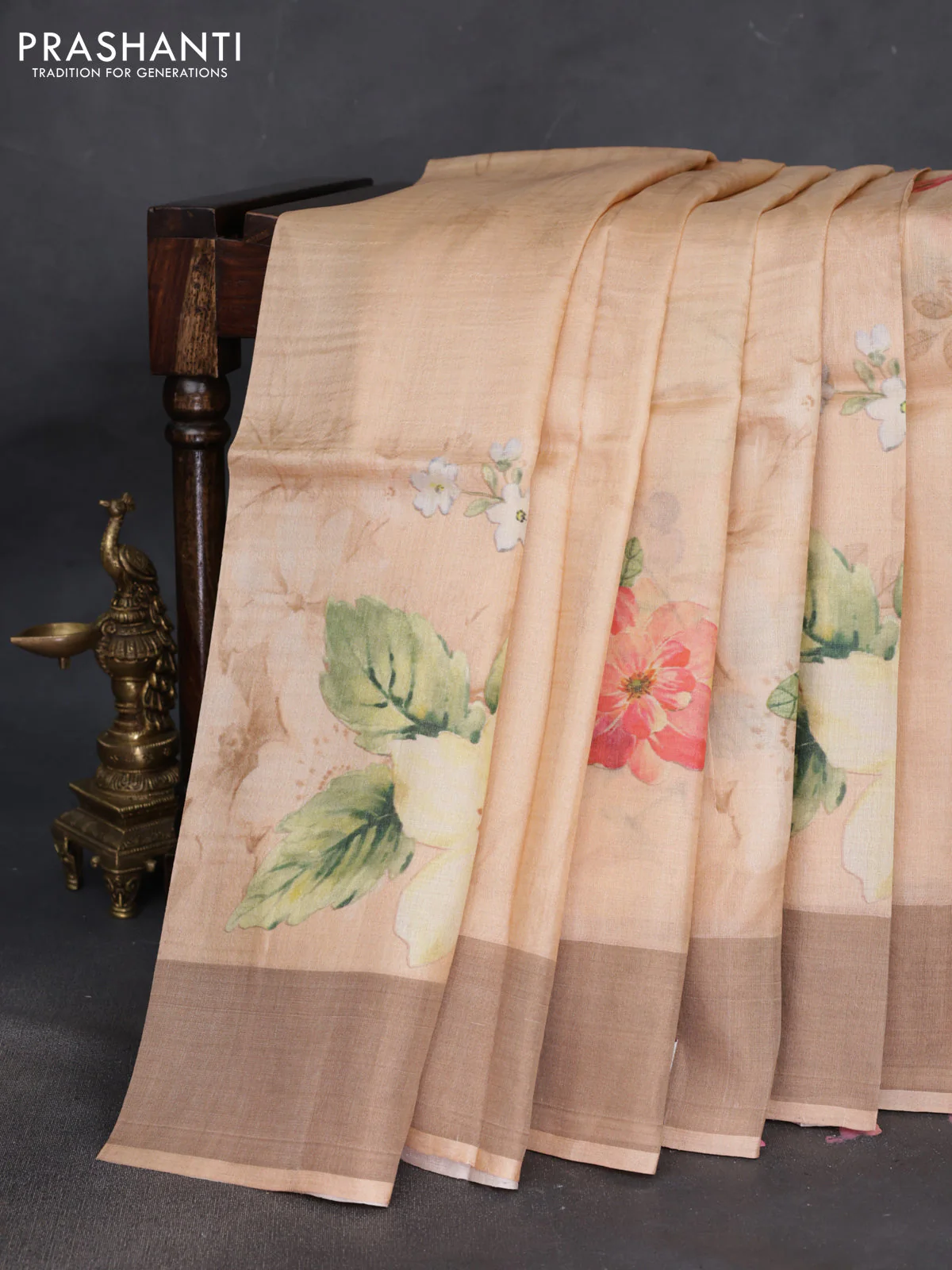 Pure tussar silk saree pale orange with floral digital prints and zari woven border - Image 2