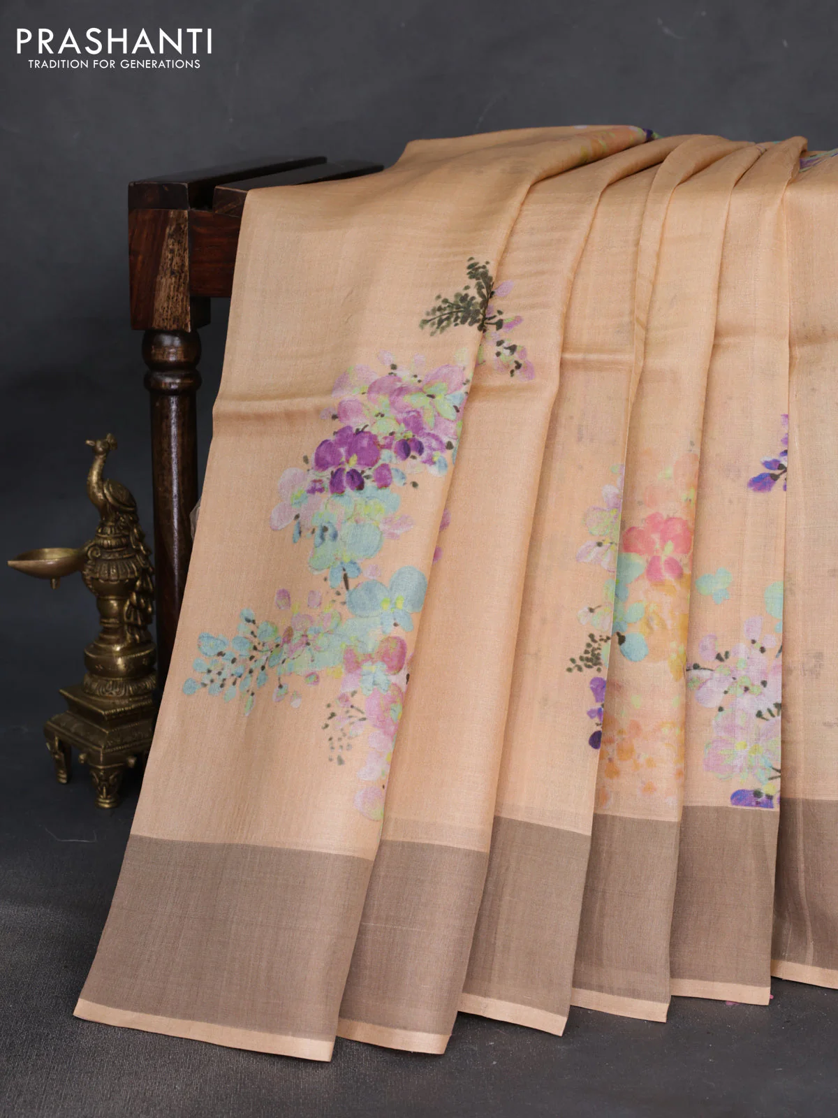 Pure tussar silk saree pale orange with floral digital prints and zari woven border - Image 2
