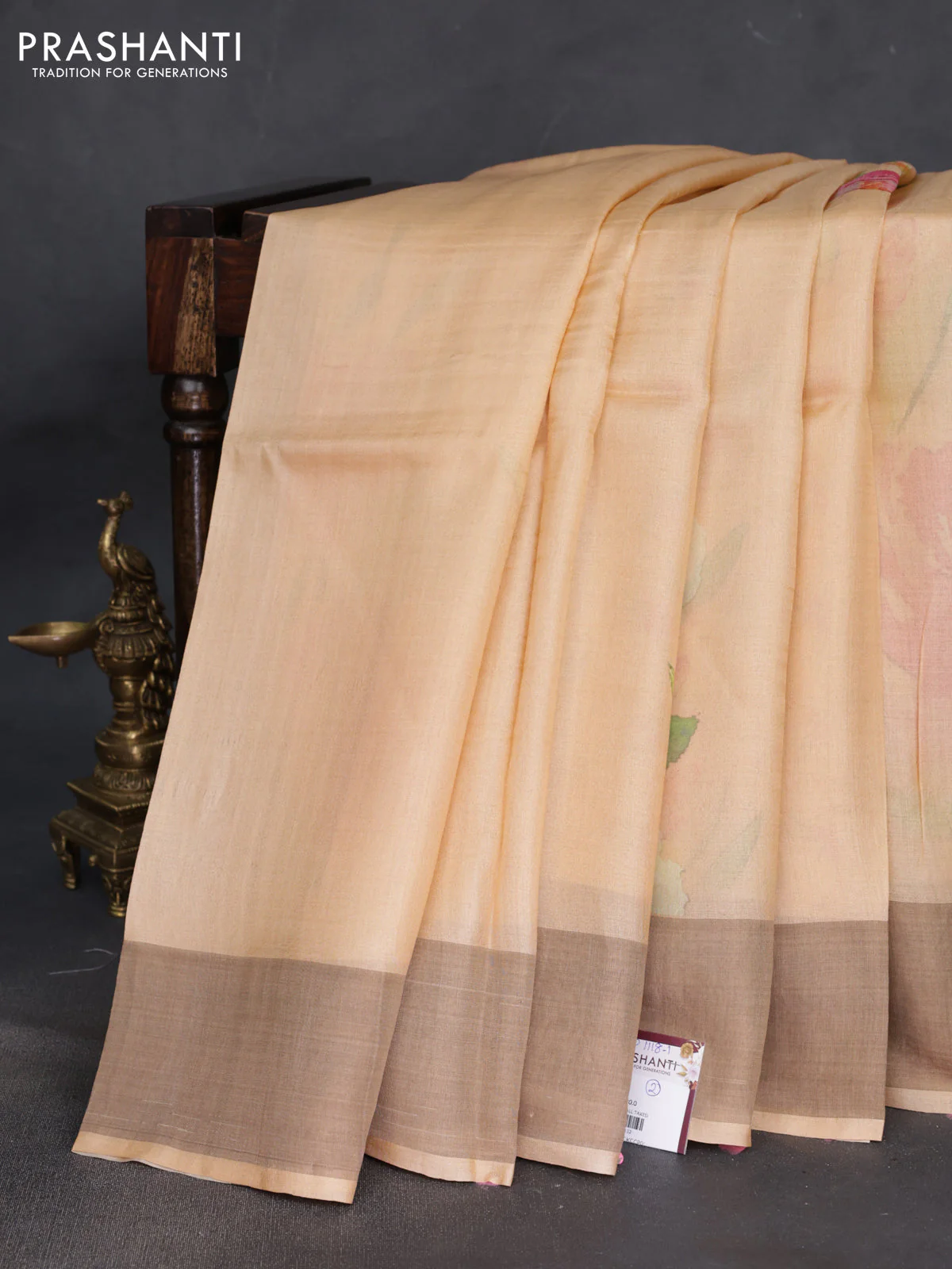 Pure tussar silk saree pale orange with floral digital prints and zari woven border - Image 2