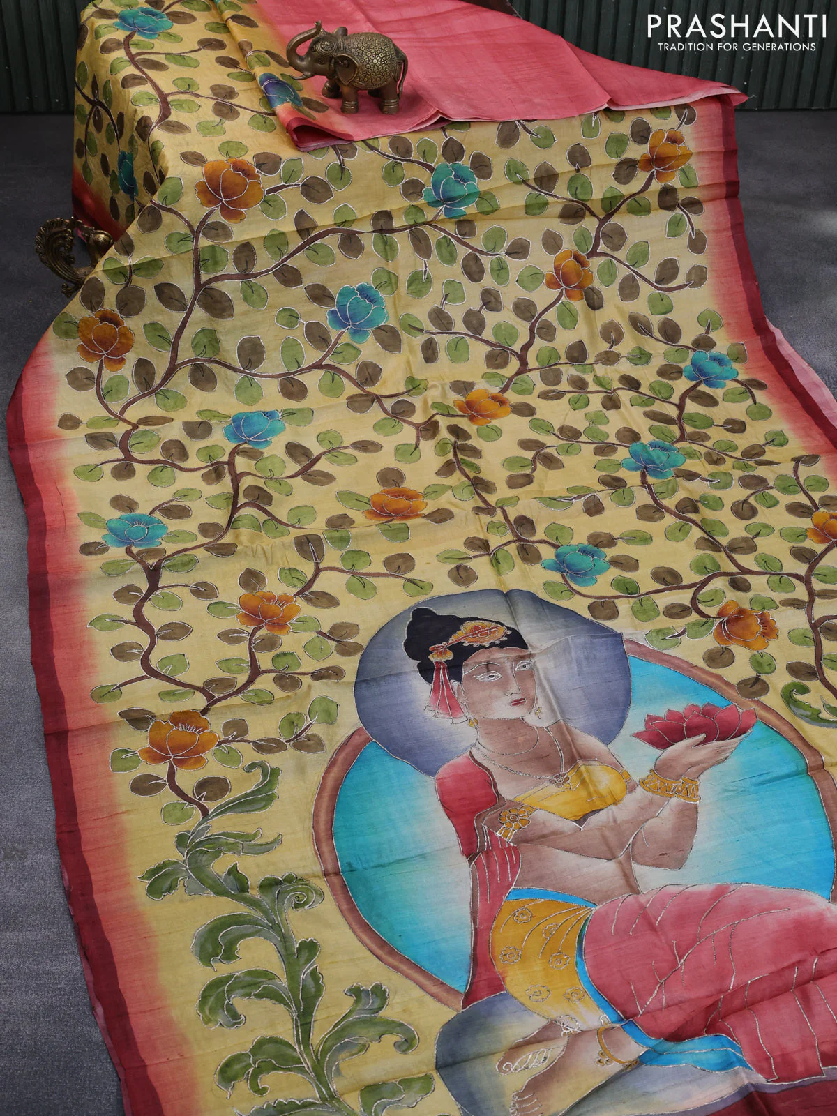 Pure tussar silk saree pale yellow and peach pink with allover embroidery work & kalamkari prints and simple border - Image 2