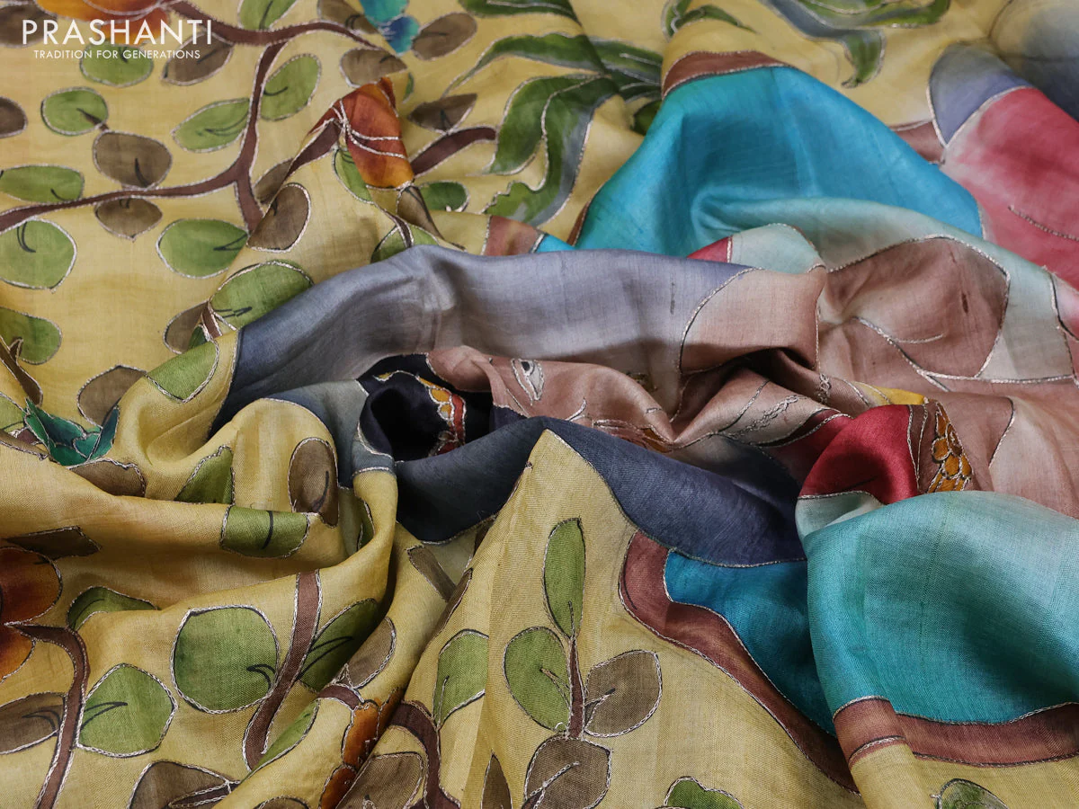Pure tussar silk saree pale yellow and peach pink with allover embroidery work & kalamkari prints and simple border - Image 3