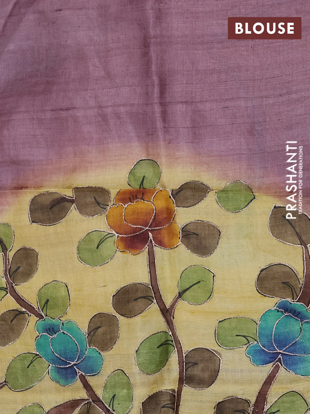 Pure tussar silk saree pale yellow and peach pink with allover embroidery work & kalamkari prints and simple border - Image 4