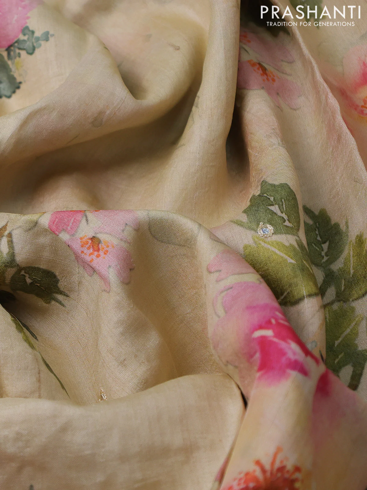 Pure tussar silk saree pale yellow with floral digital prints and cut work border - Image 3