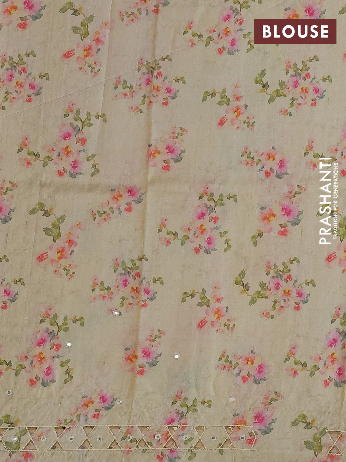 Pure tussar silk saree pale yellow with floral digital prints and cut work border - Image 4