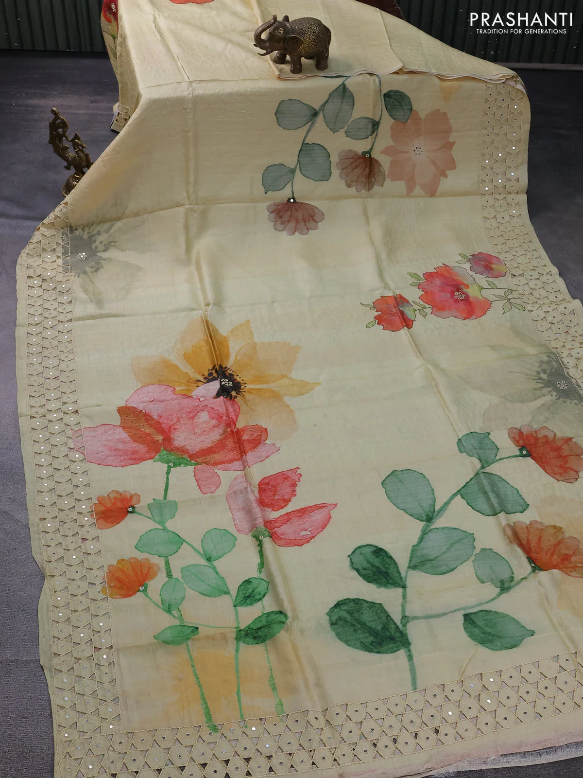Pure tussar silk saree pale yellow with floral digital prints and cut work border - Image 2