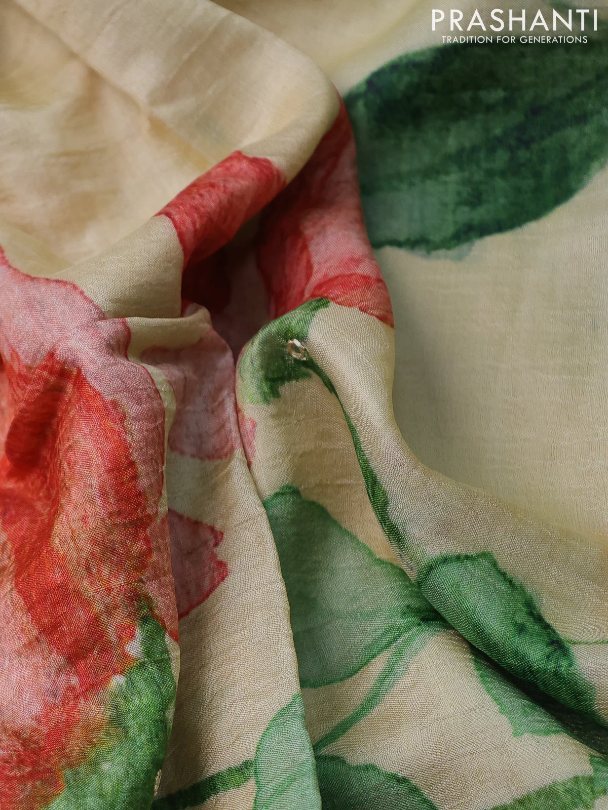 Pure tussar silk saree pale yellow with floral digital prints and cut work border - Image 3