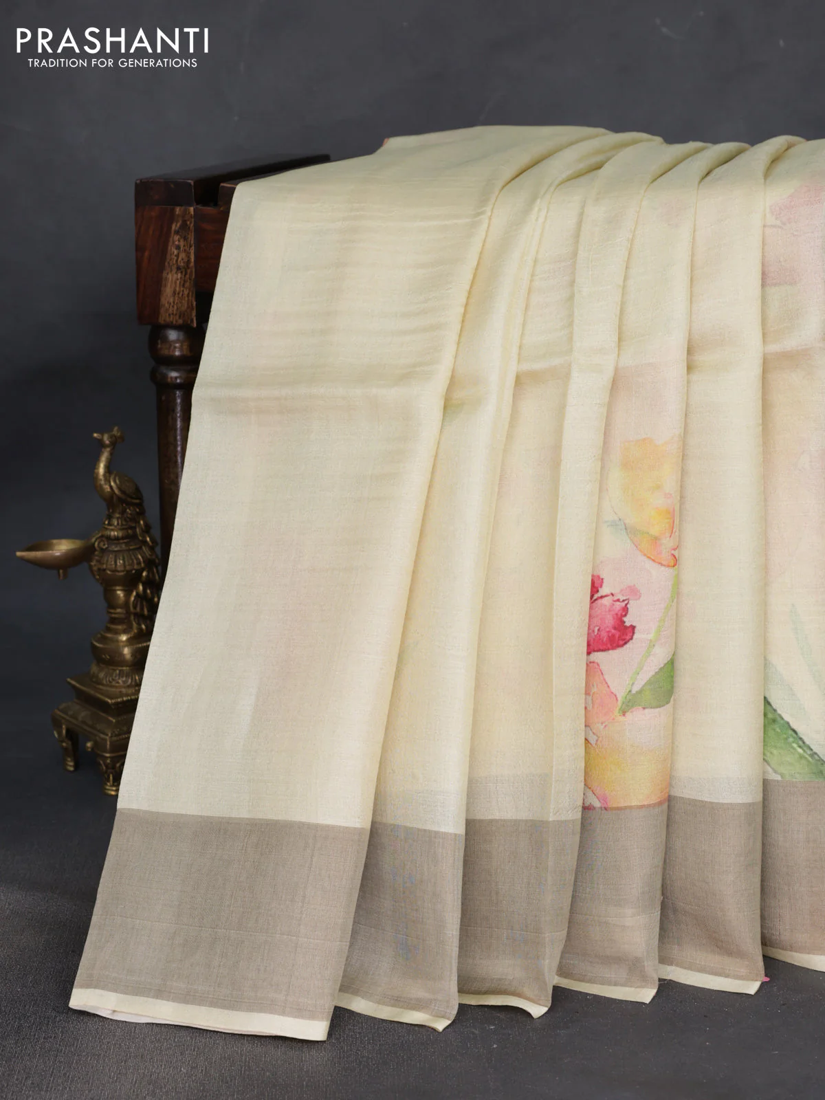 Pure tussar silk saree pale yellow with floral digital prints and zari woven border - Image 2