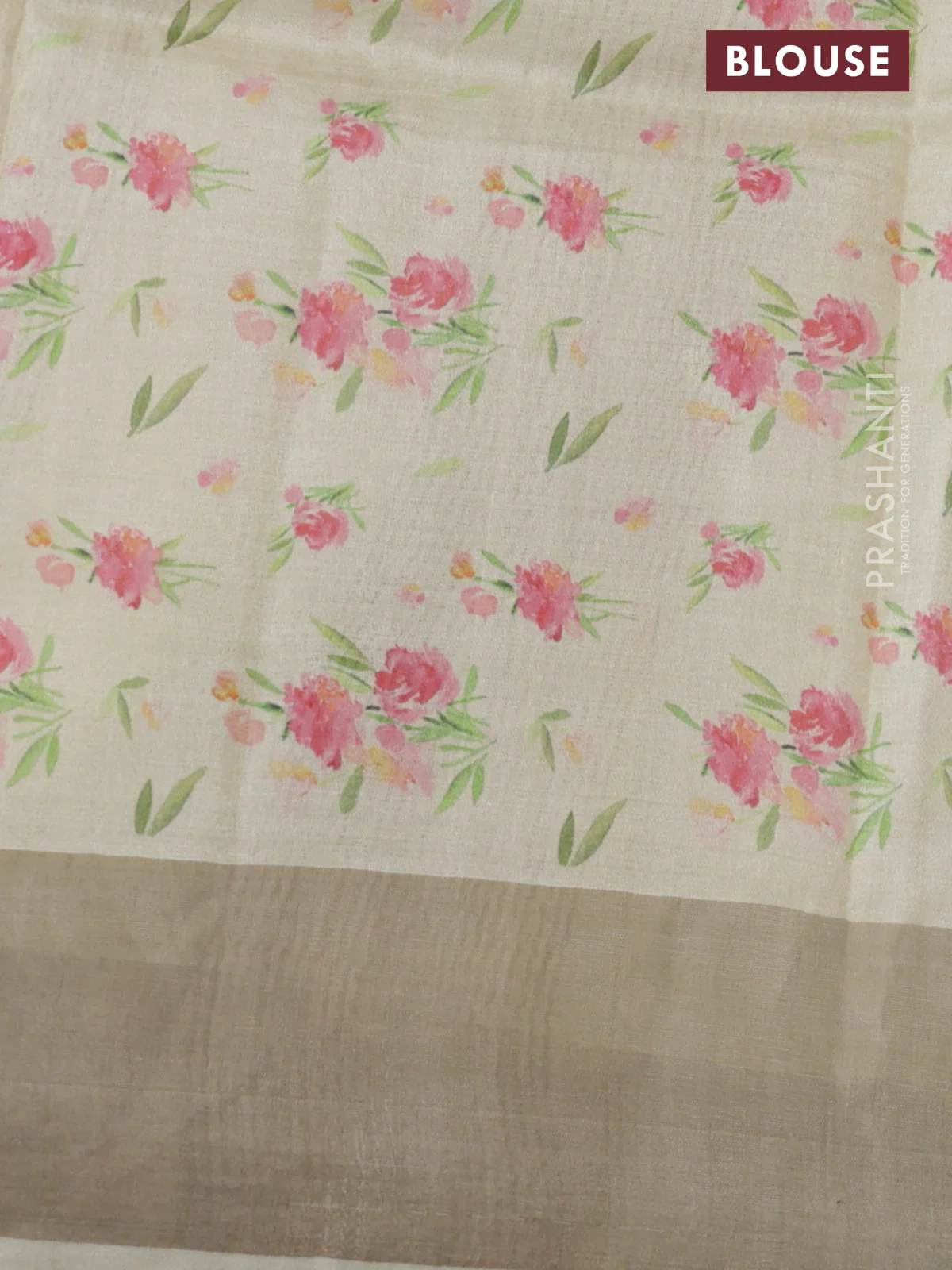 Pure tussar silk saree pale yellow with floral digital prints and zari woven border - Image 3