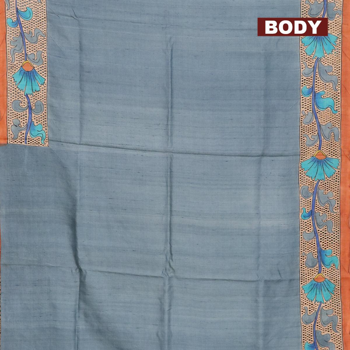 Pure tussar silk saree pastel blue and rustic orange with floral prints and cut work - Image 2