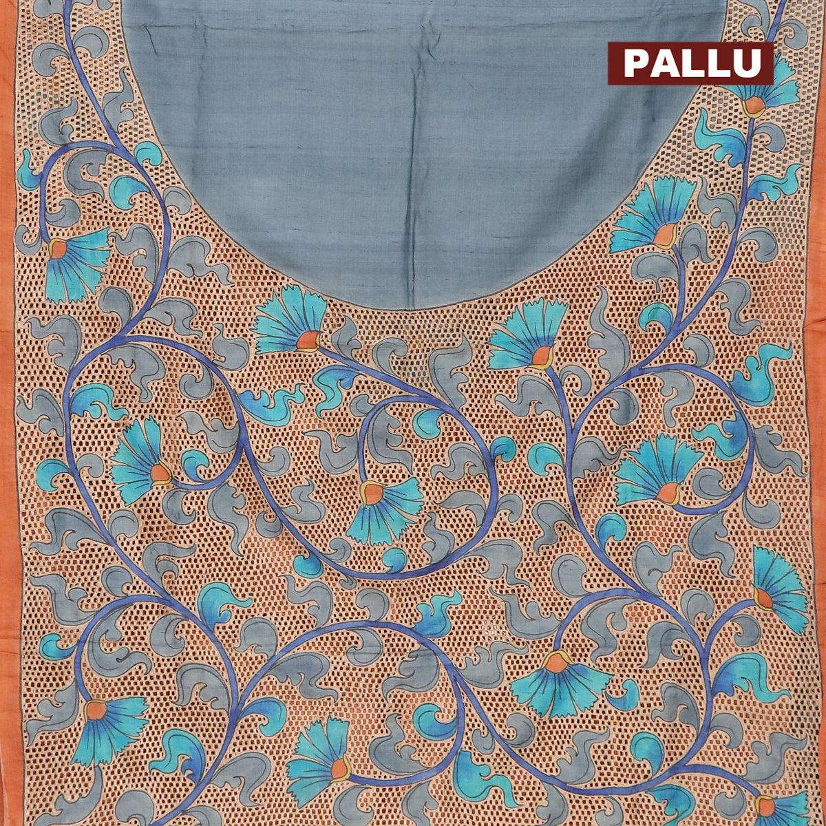 Pure tussar silk saree pastel blue and rustic orange with floral prints and cut work - Image 3