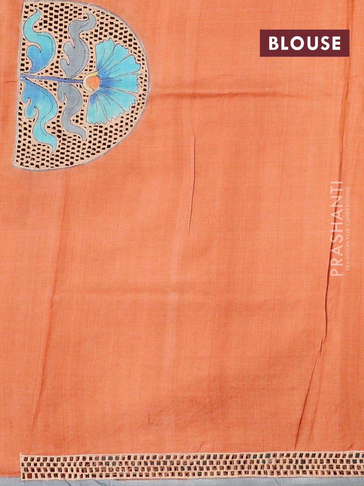 Pure tussar silk saree pastel blue and rustic orange with floral prints and cut work - Image 4