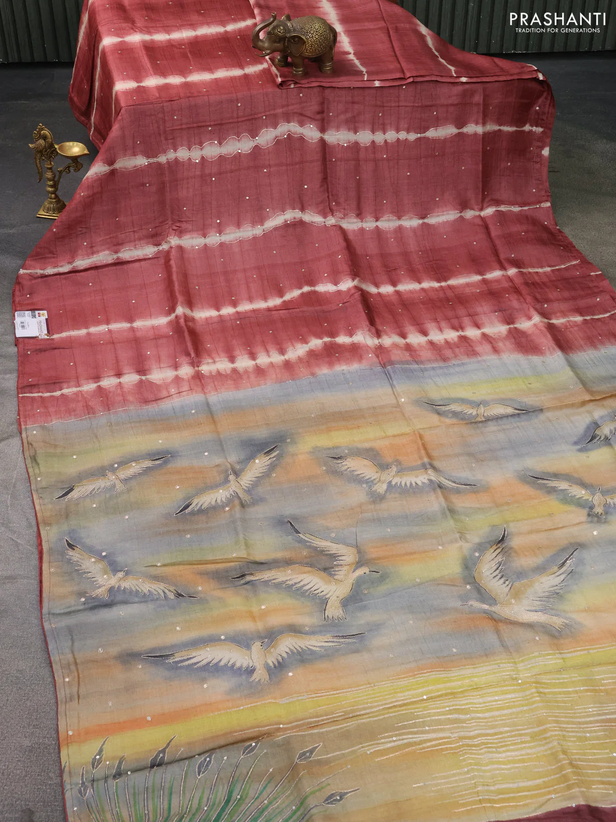 Pure tussar silk saree pastel brown and sandal with tie & dye prints and pita work pallu - Image 2