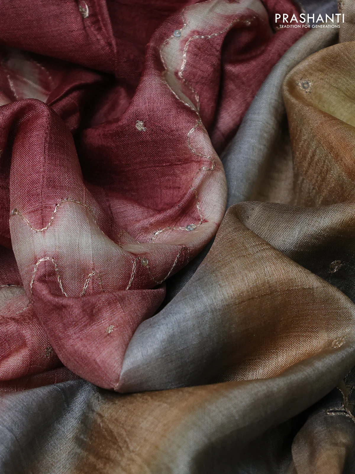 Pure tussar silk saree pastel brown and sandal with tie & dye prints and pita work pallu - Image 3