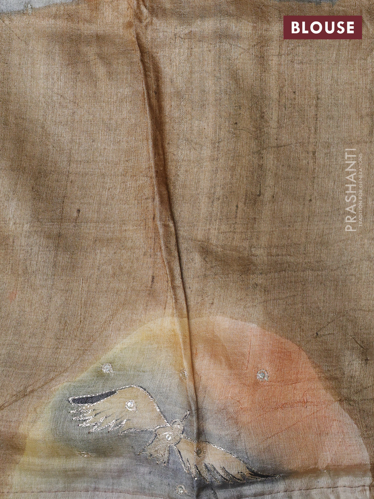 Pure tussar silk saree pastel brown and sandal with tie & dye prints and pita work pallu - Image 4